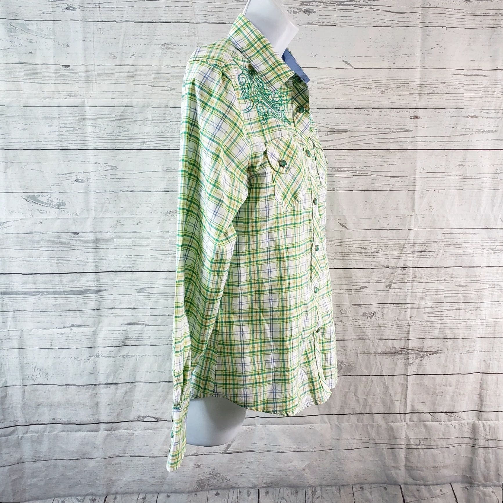 Vintage Danesi Womens Pearl Snap Shirt Sz M Green White Plaid Embroidered Button-Up Shirt/Top Size M / US 6-8 / IT 42-44 - 3 Thumbnail