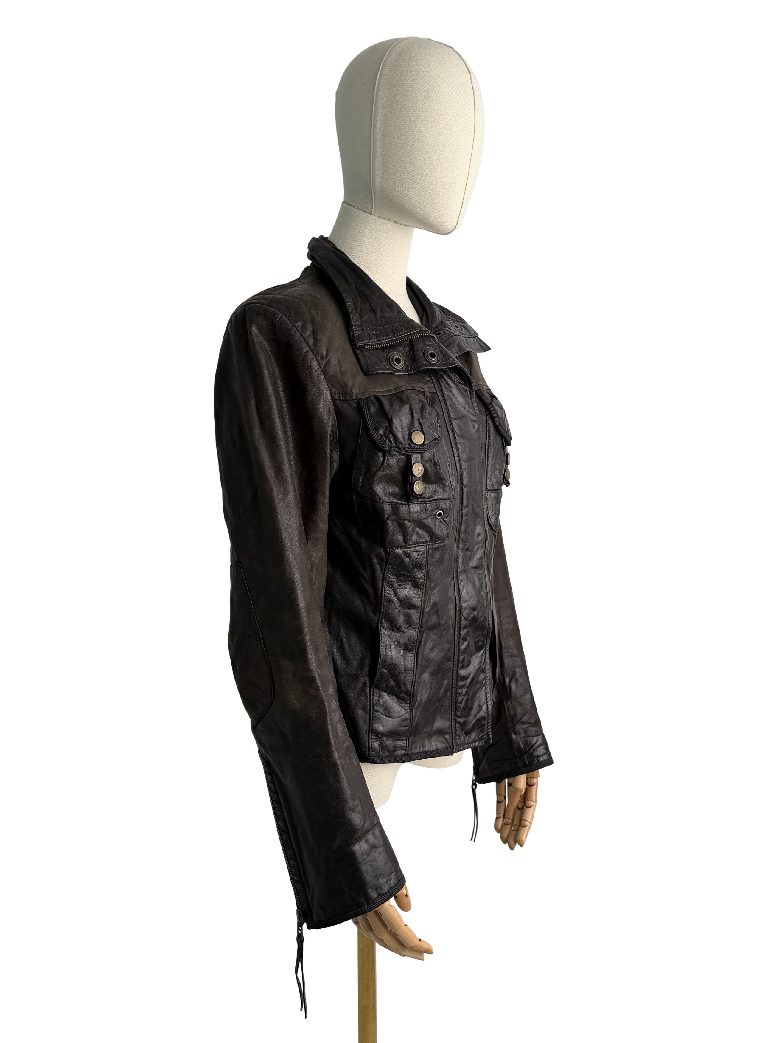 Vintage Vintage Brown Leather Jacket Military Style Zip Coat Size S / US 4 / IT 40 - 1 Thumbnail