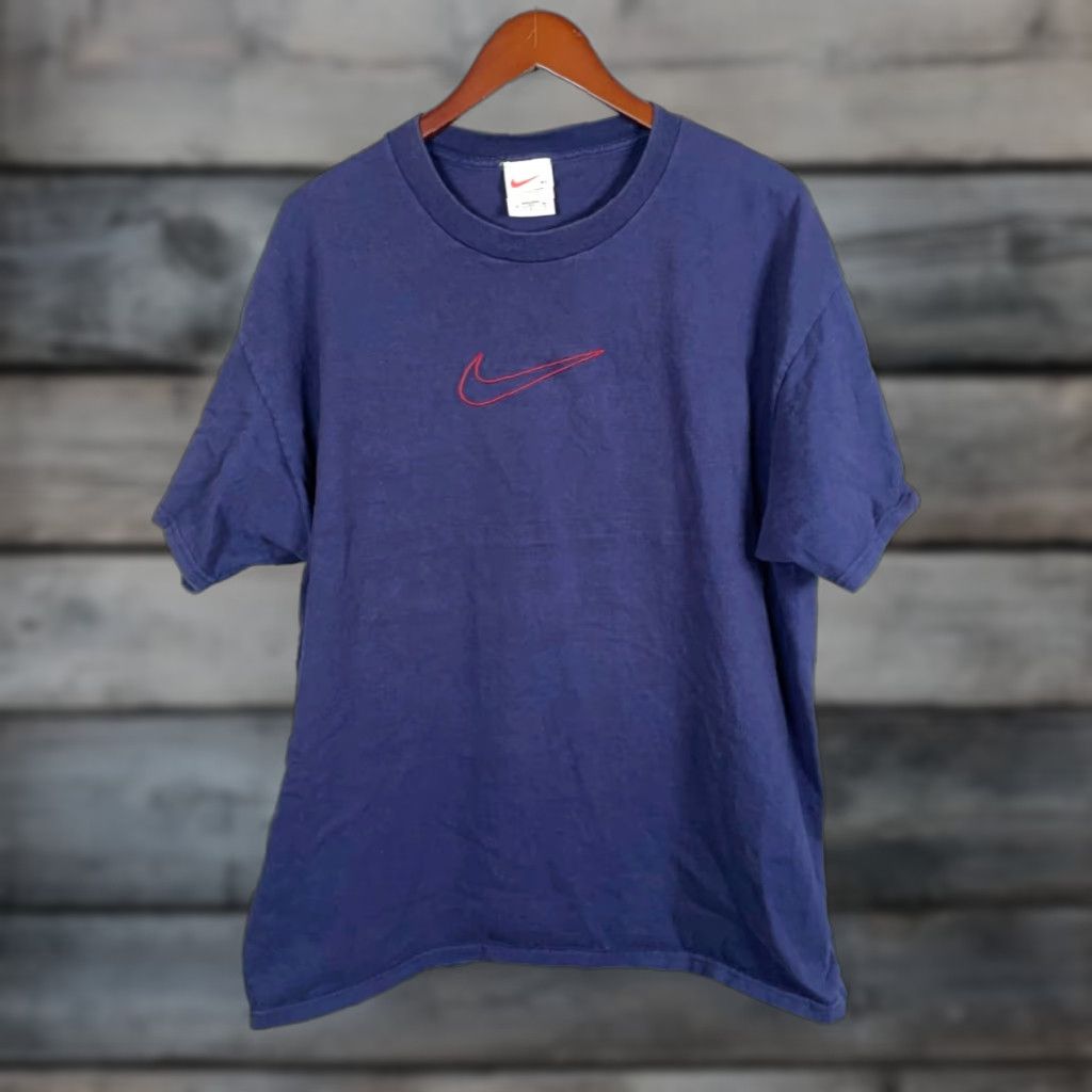 Nike VINTAGE Nike Embroidered Swoosh T-Shirt Adult XL Dark Blue Men’s T-Shirt 90s Hipster Retro Blue Size US XL / EU 56 / 4 - 1 Thumbnail
