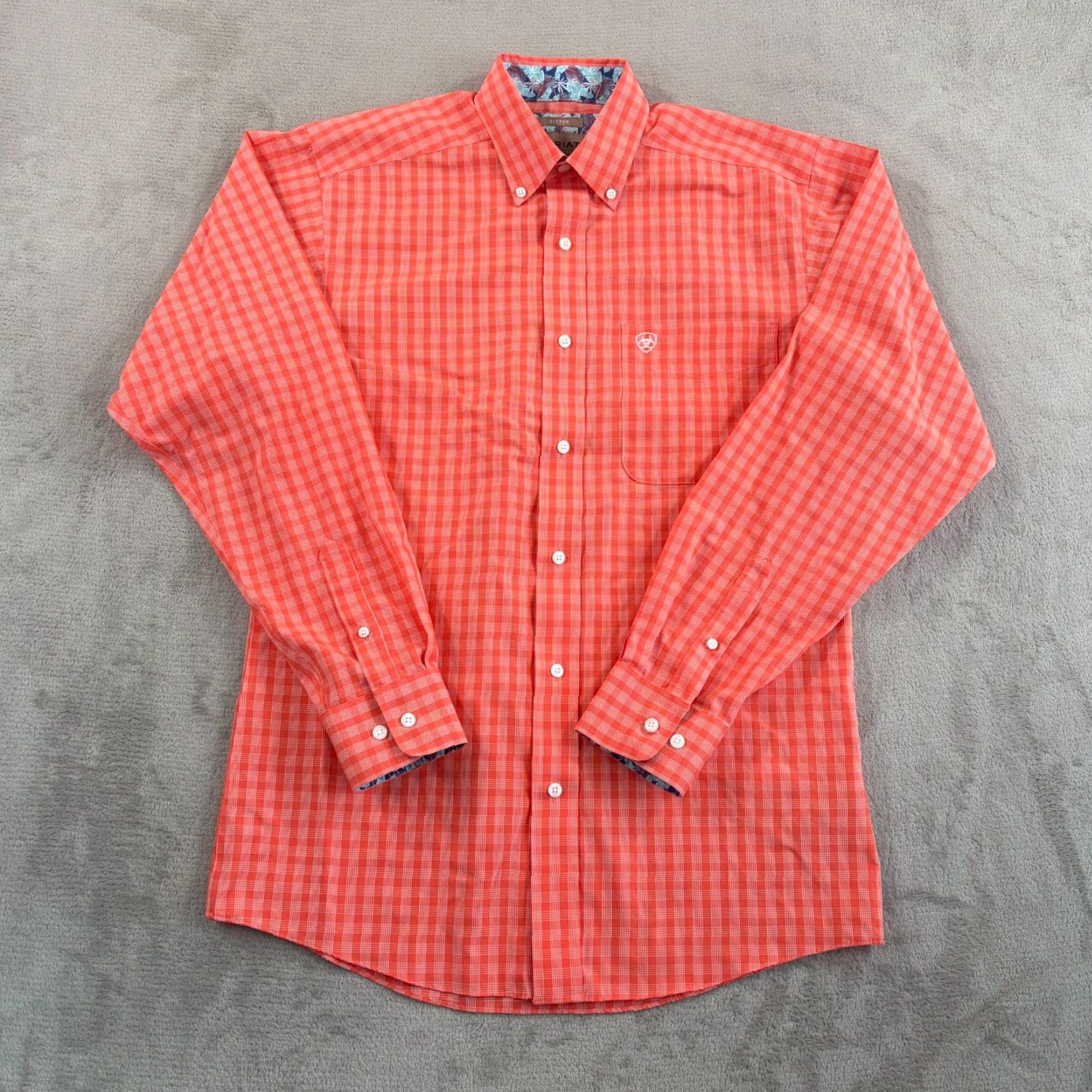 Ariat ARIAT Wrinkle-Free Winston Fitted Shirt Men Medium Flame Coral Plaid Flip Cuffs Size US M / EU 48-50 / 2 - 4 Thumbnail