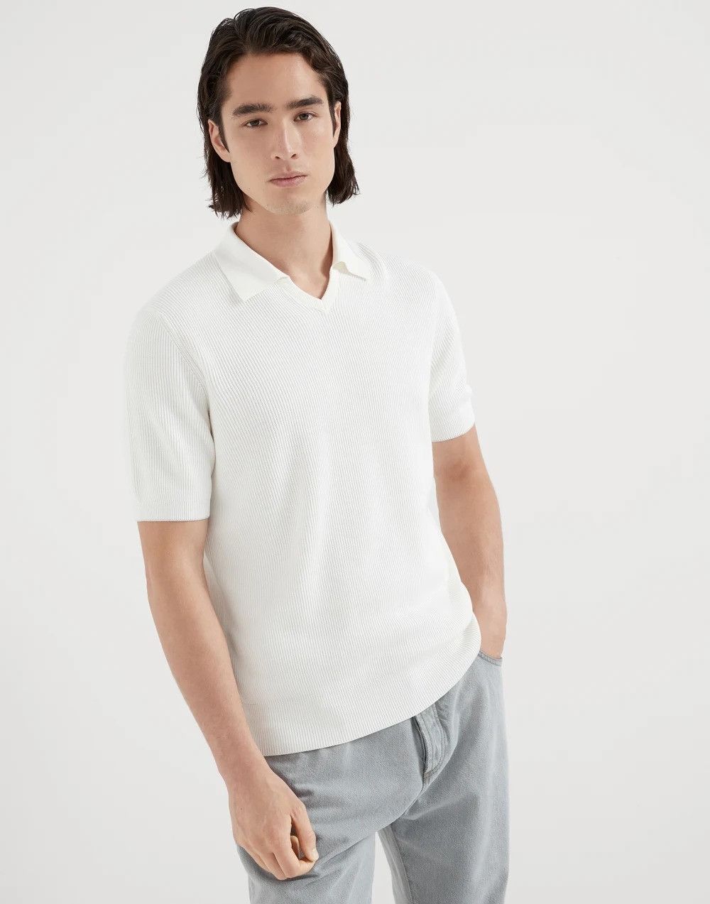 Brunello Cucinelli Polo Sweater in Open White Size US M / EU 48-50 / 2 - 1 Thumbnail