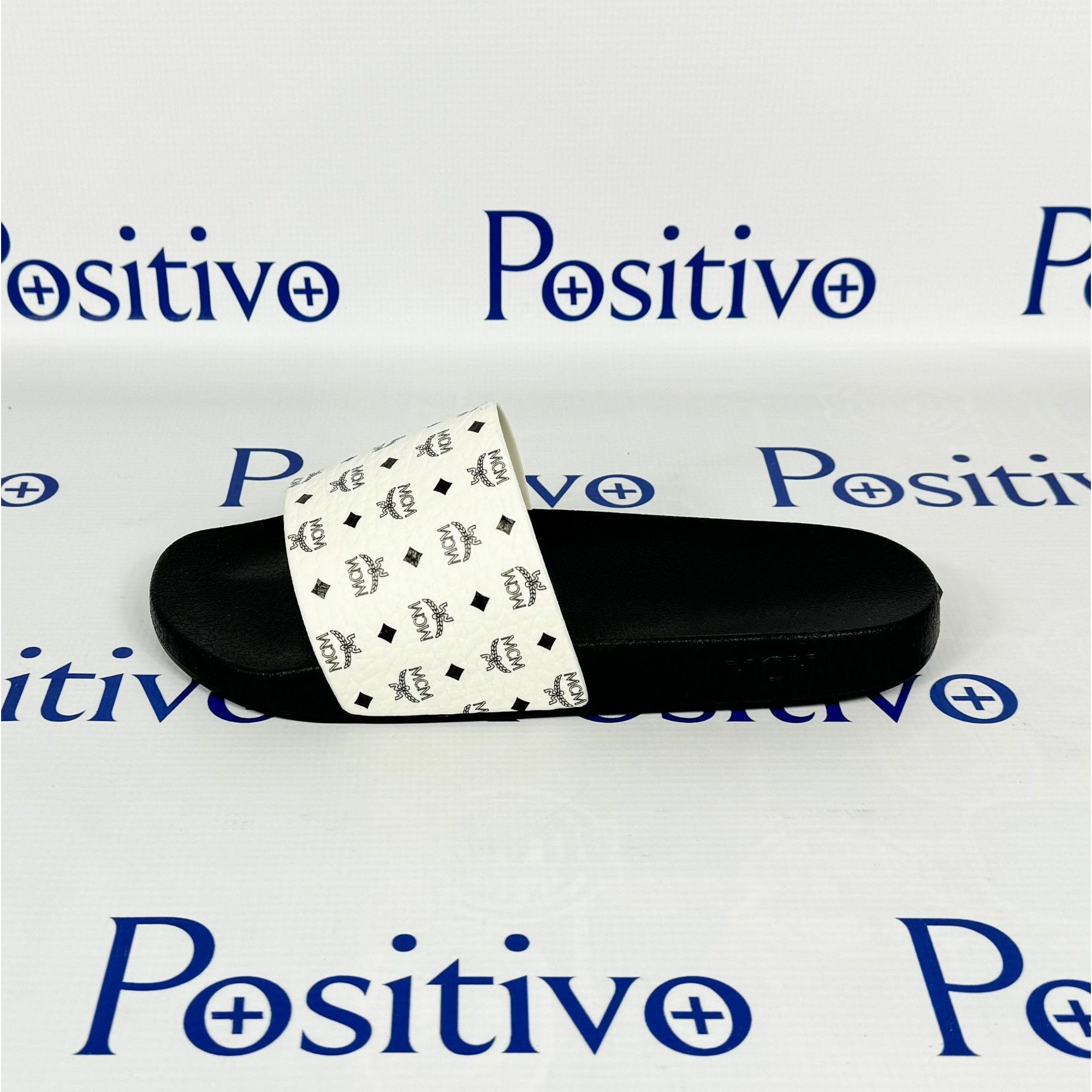 image of MCM White/black Monogram Print Rubber Slides Us 11 Eu 44, Men's