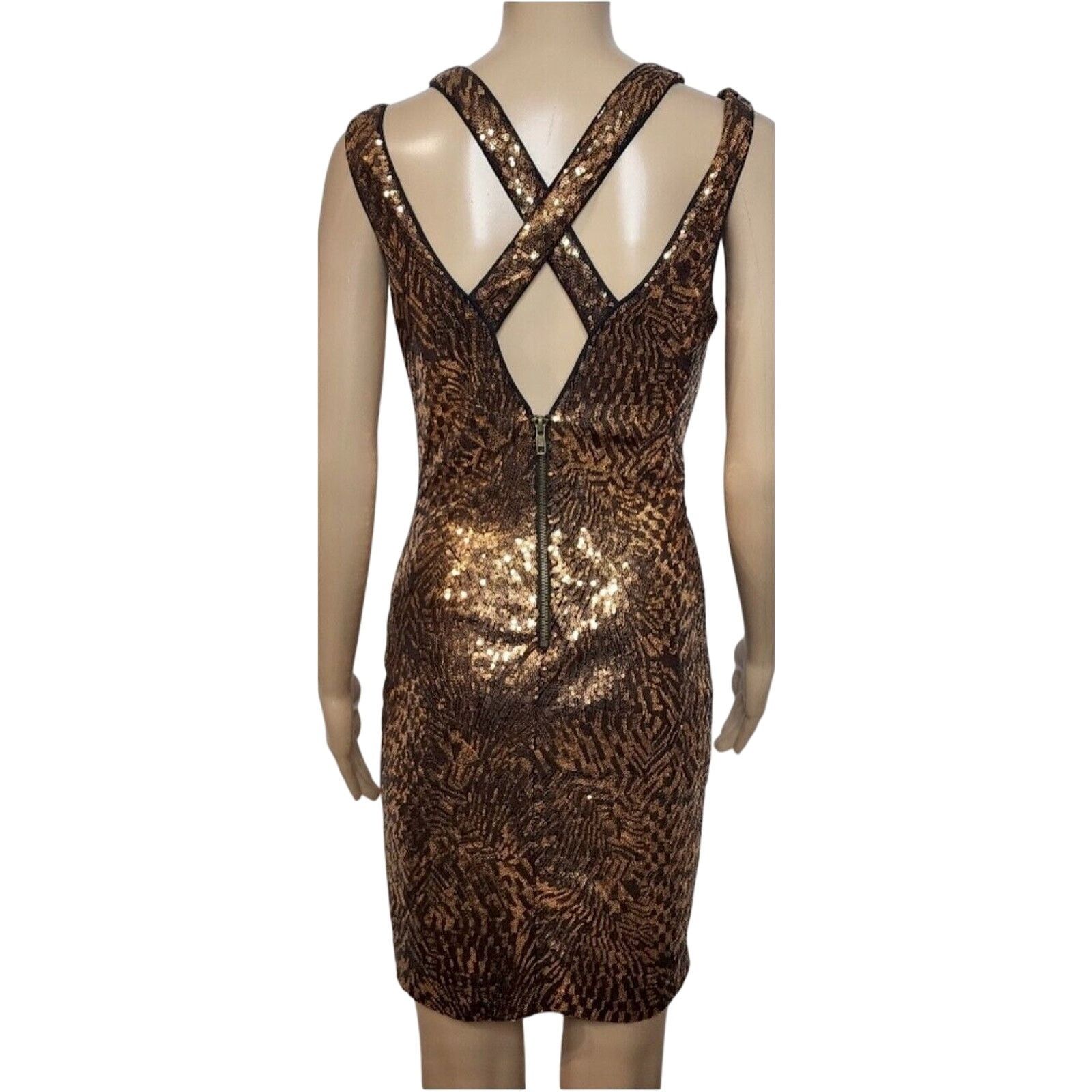 Bebe Bebe Copper Bronze Sequin Mini Dress Criss Cross Back Zip M Size M / US 6-8 / IT 42-44 - 1 Thumbnail