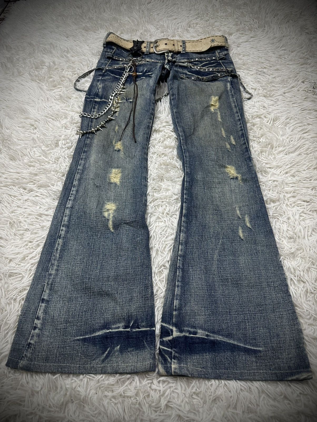 If Six Was Nine rare 2000s tornado mart straps studded flared denim jeans Size US 31 - 2 Thumbnail