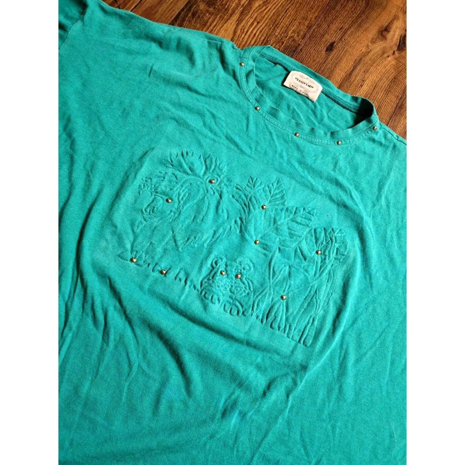 Vintage VINTAGE Classy 4XL Teal Safari Animals T-Shirt 80s Womens Plus Size XXL / US 16-18 / IT 52-54 - 2 Thumbnail