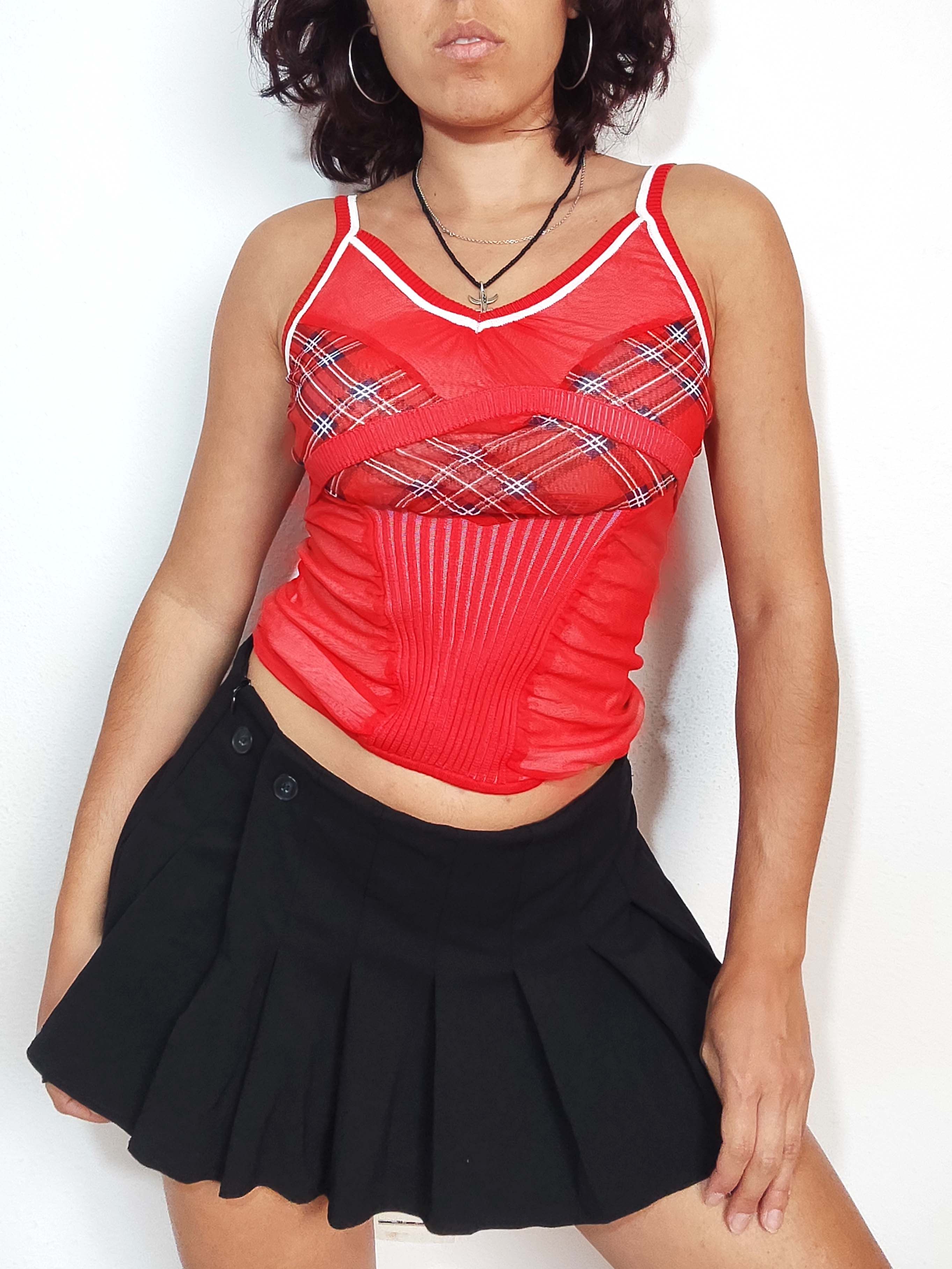 Vintage Vintage Y2k Punk Tartan print and Mesh Red Tank Top Size S / US 4 / IT 40 - 1 Thumbnail
