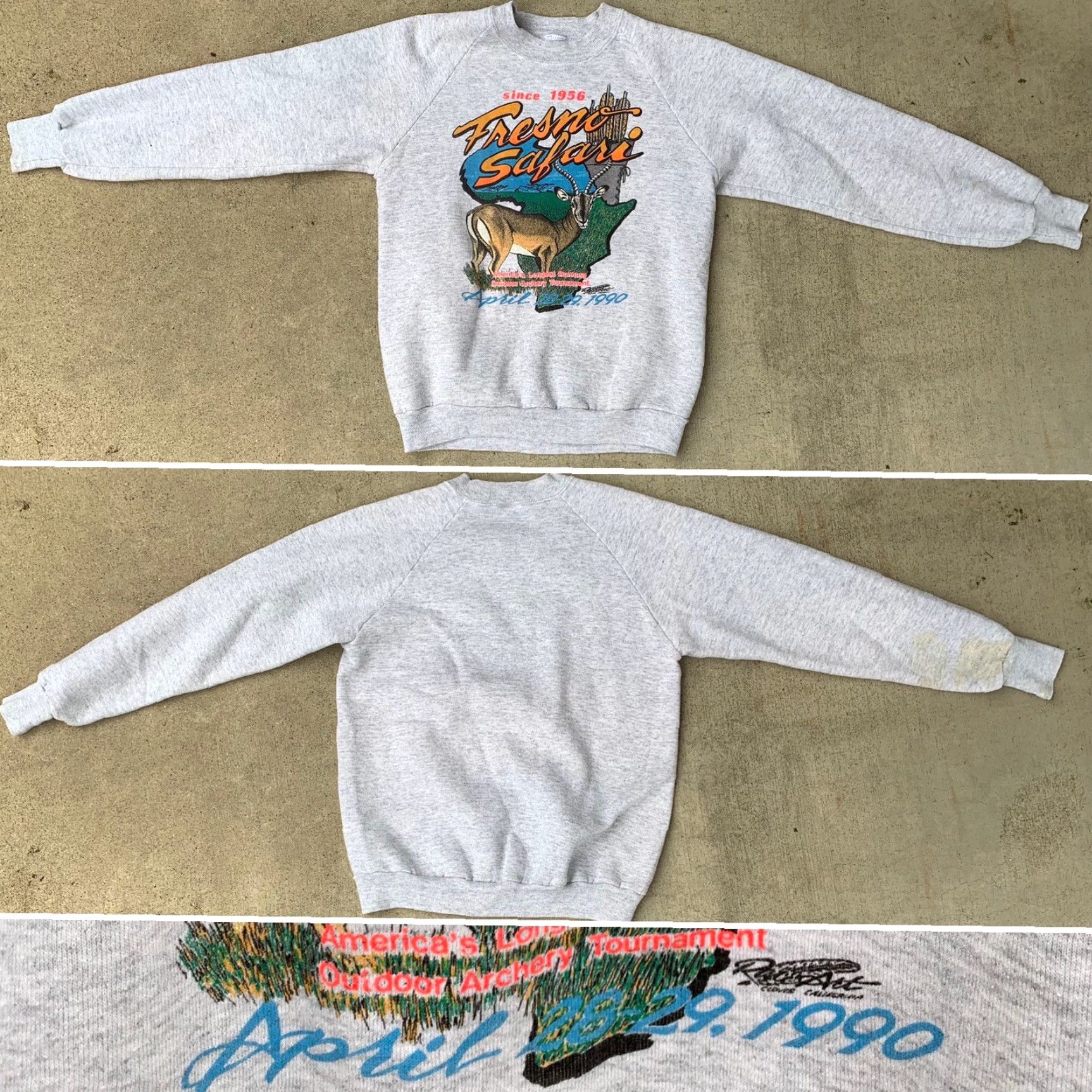 Jerzees VINTAGE Jerzees Sweatshirt Shirt - Fresno Safari Archery Raglan 1990s 90s - Gray Heather M Mens Adults 38-40 Size US M / EU 48-50 / 2 - 5 Thumbnail