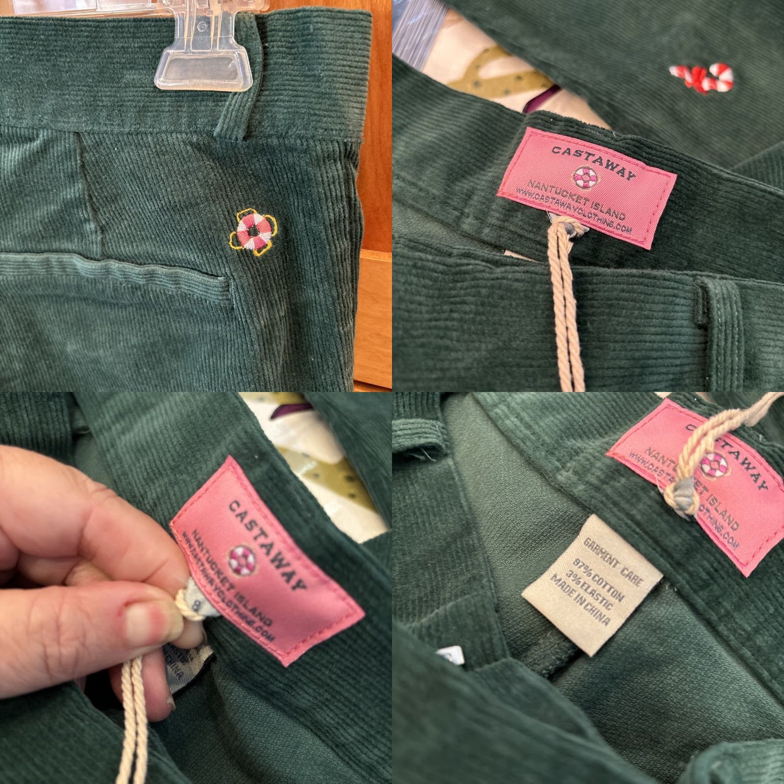Vintage VINTAGE? No — Castaway Capri Pants Corduroy Stretch Embroidered Zipper Hook Eye Candy Cane Hunter Green 8 Women Size ONE SIZE - 8 Thumbnail