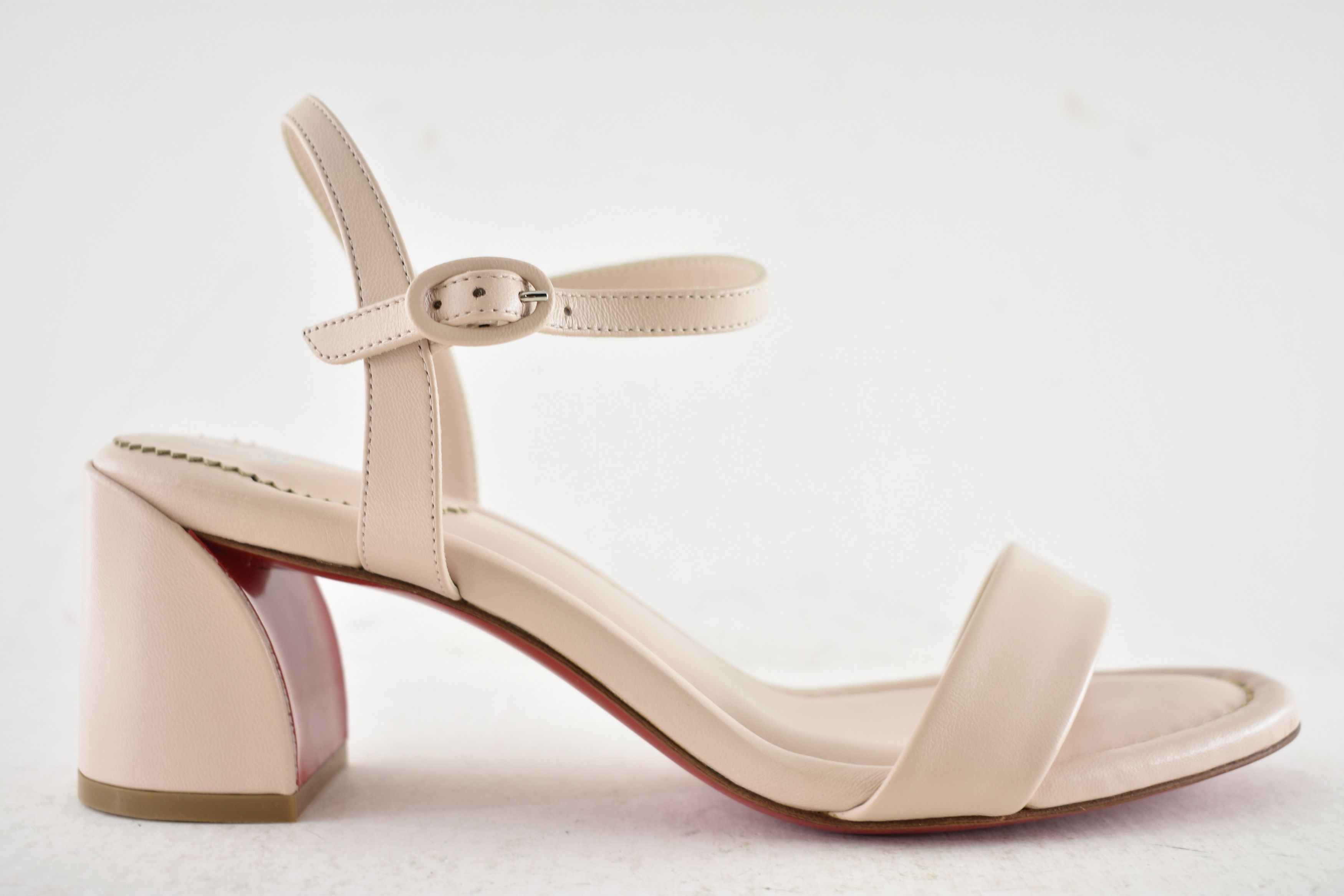 Christian Louboutin Miss Jane Sandal 55 Leche Beige Ankle Strap Block Heel 37.5 Size US 7.5 / IT 37.5 - 2 Thumbnail