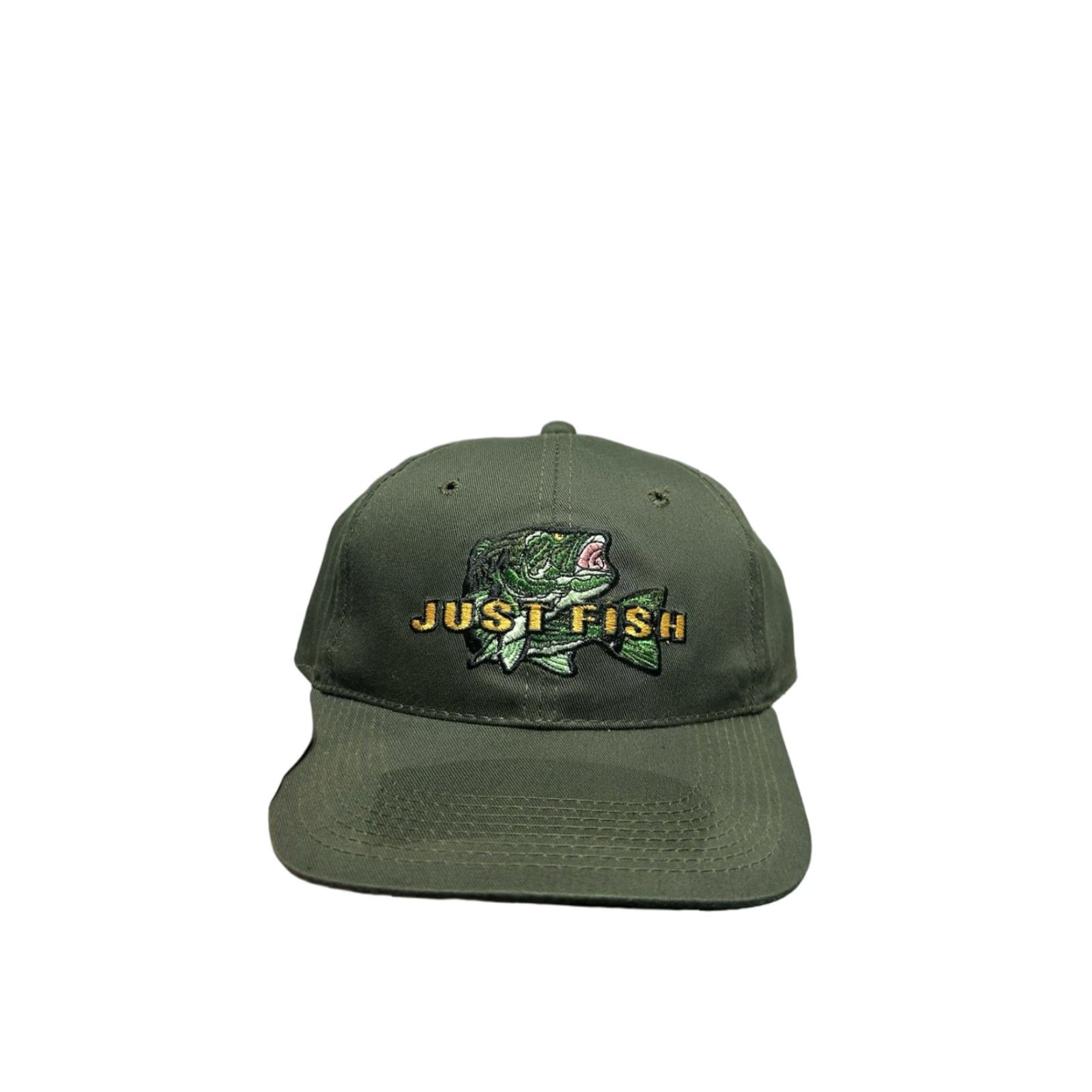 Vintage VINTAGE Animal Snapback Hat Cap Just Fish Bass Animal Nature Embroidered Adjustable Green Men's Adjustable Cap Hats Fish Theme Mens Size ONE SIZE - 1 Thumbnail