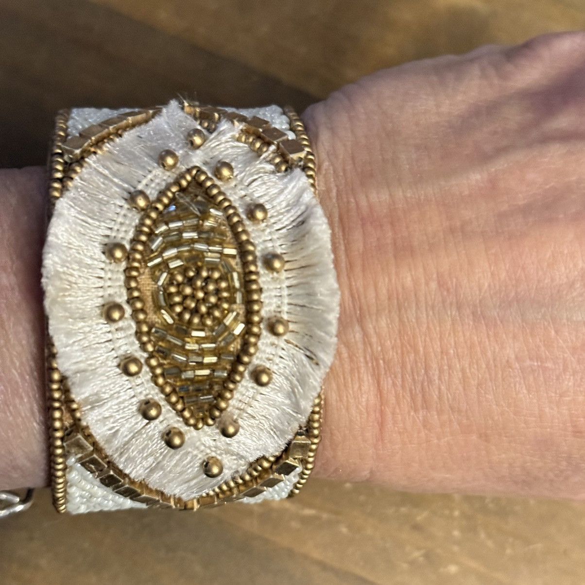 Other Handmade white and gold beaded rhinestone wide cuff bracelet Size ONE SIZE - 2 Thumbnail