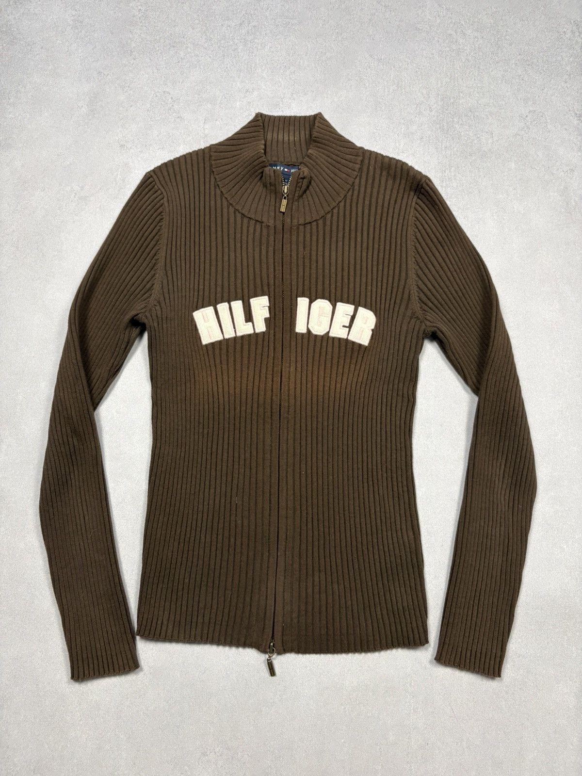 Tommy Hilfiger Tommy Hilfiger Ribbed Zip Up Brown Spell Out Logo Y2K 2000s Size M / US 6-8 / IT 42-44 - 1 Thumbnail