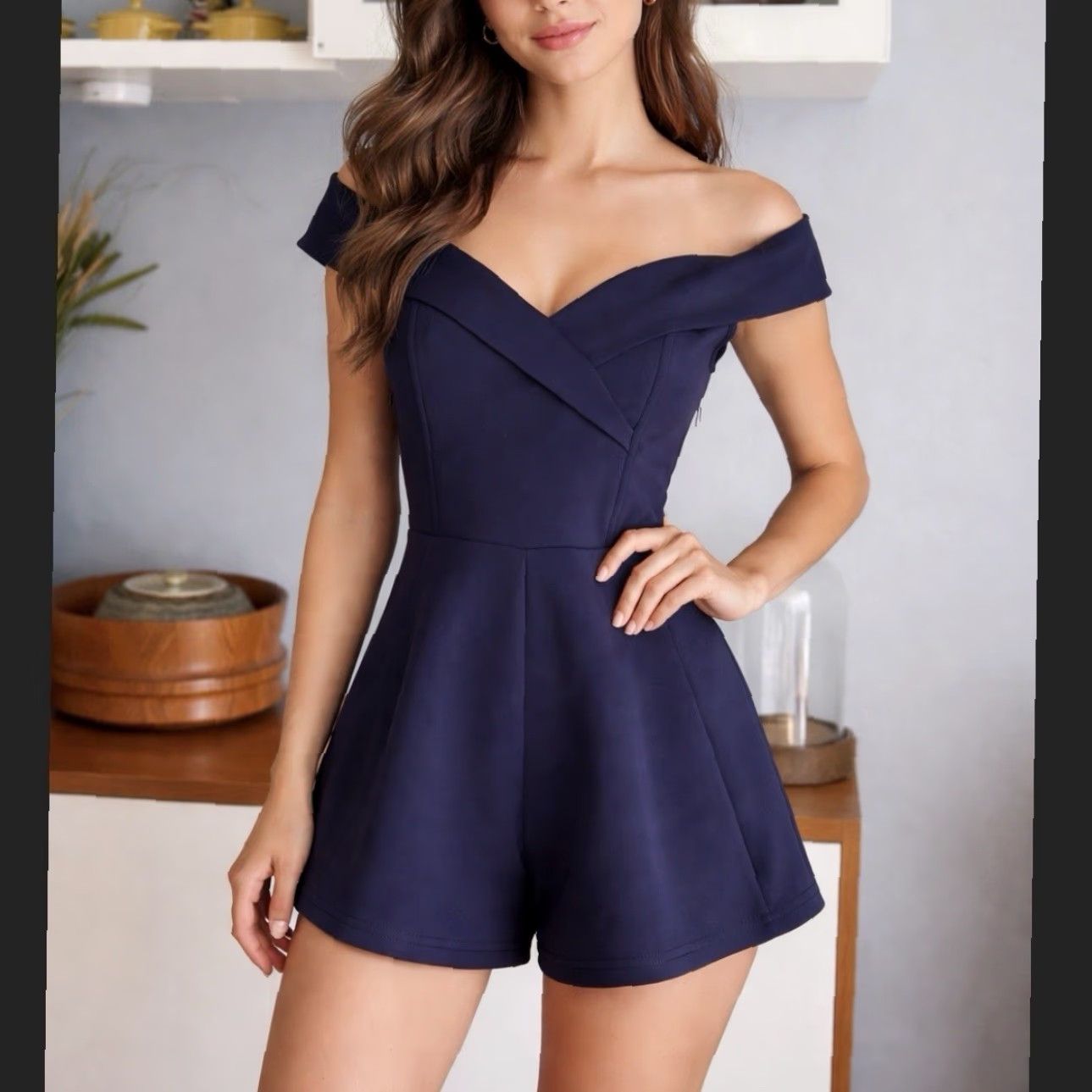 Vintage Showpo Off The Shoulder Romper Shorts Navy Blue 4 XS Women One-Piece Zipper Sleeveless Casual Formal Party/Cocktail Romper Size 27" / US 4 / IT 40 - 6 Thumbnail