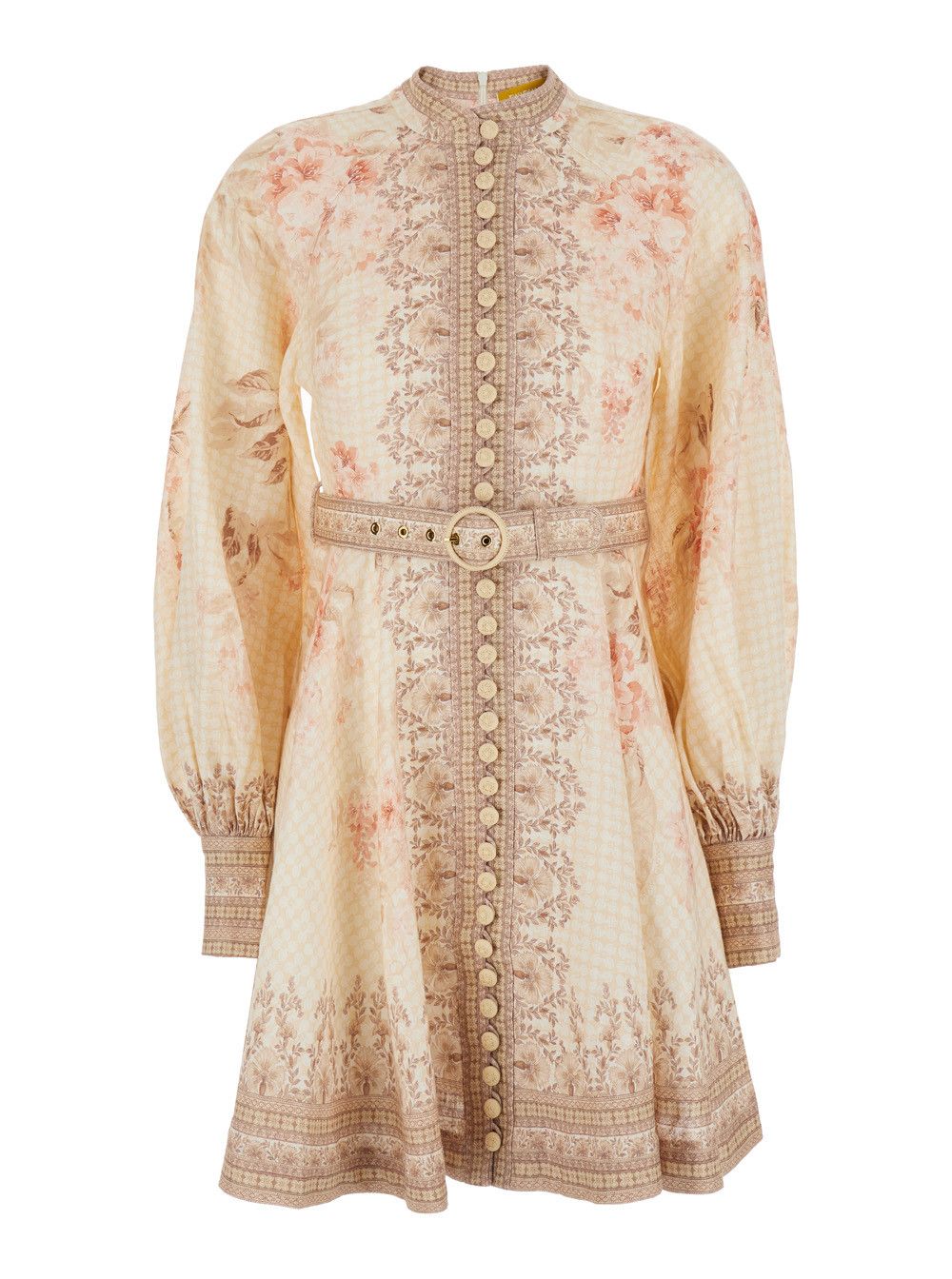 Zimmermann 'Illuminate' Beige Mini Dress with Belted Waist and All-Over Floral Print in Linen Woman Size S / US 4 / IT 40 - 1 Thumbnail