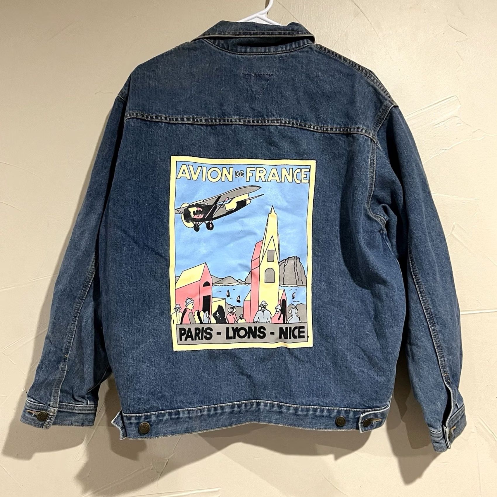 Toga VINTAGE 80s Avion De France Trucker Jean Jacket Unisex L Tioga Bomber Jacket Blue Adults Mens Womens Size 36" / US 14 / IT 50 - 2 Thumbnail