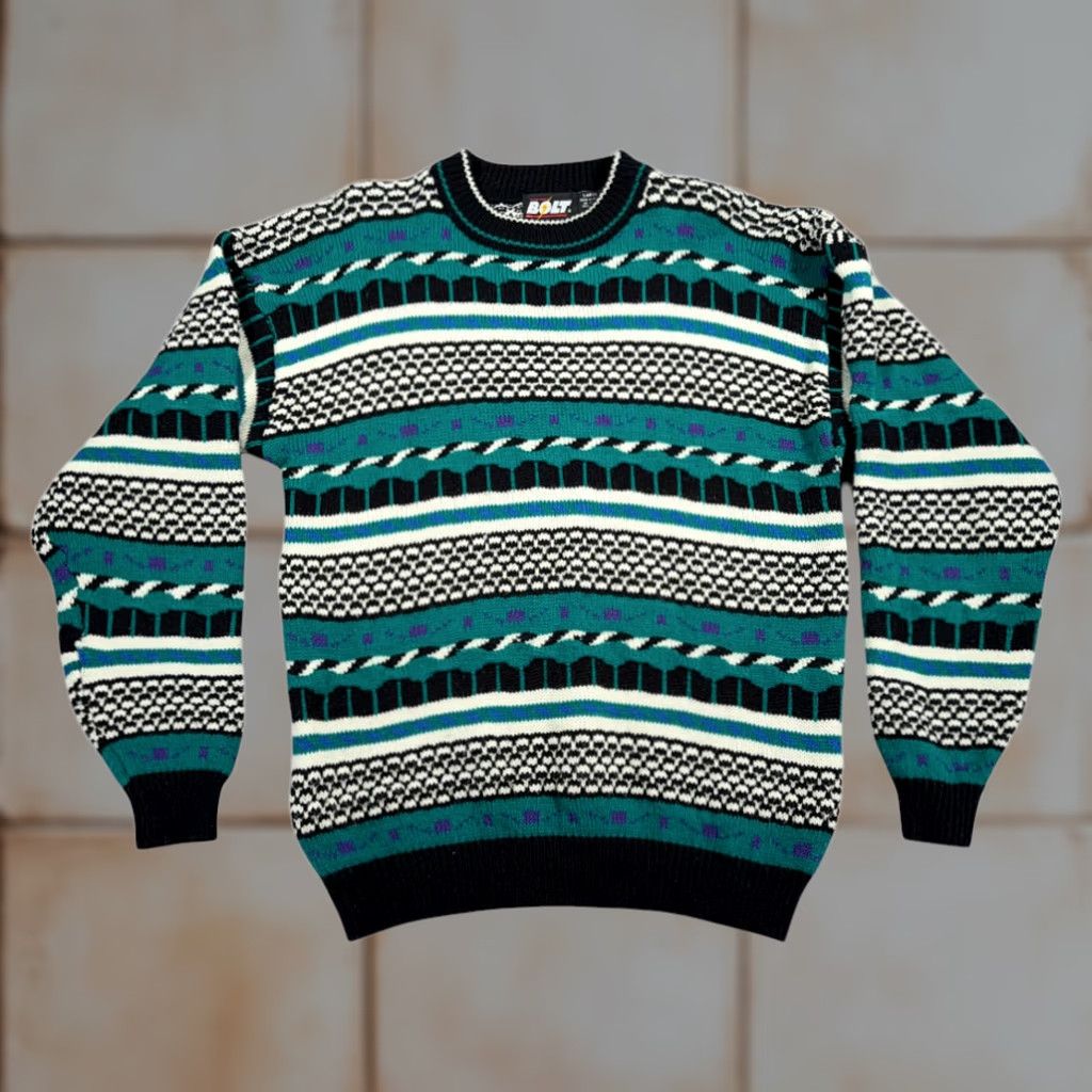 Vintage VINTAGE Lightning Bolt Sweater Mens Geometric Striped Knit Pullover Adult MEDIUM Green 90s Size US M / EU 48-50 / 2 - 1 Thumbnail