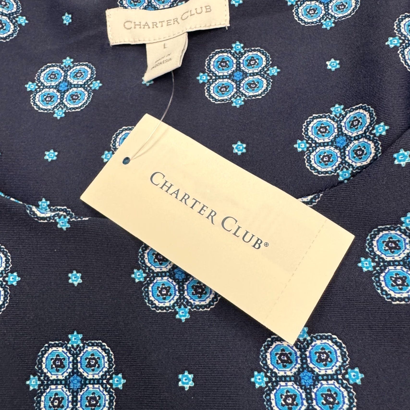 Charter Club Dress Womens Large Blue Border Print Shift Medallion