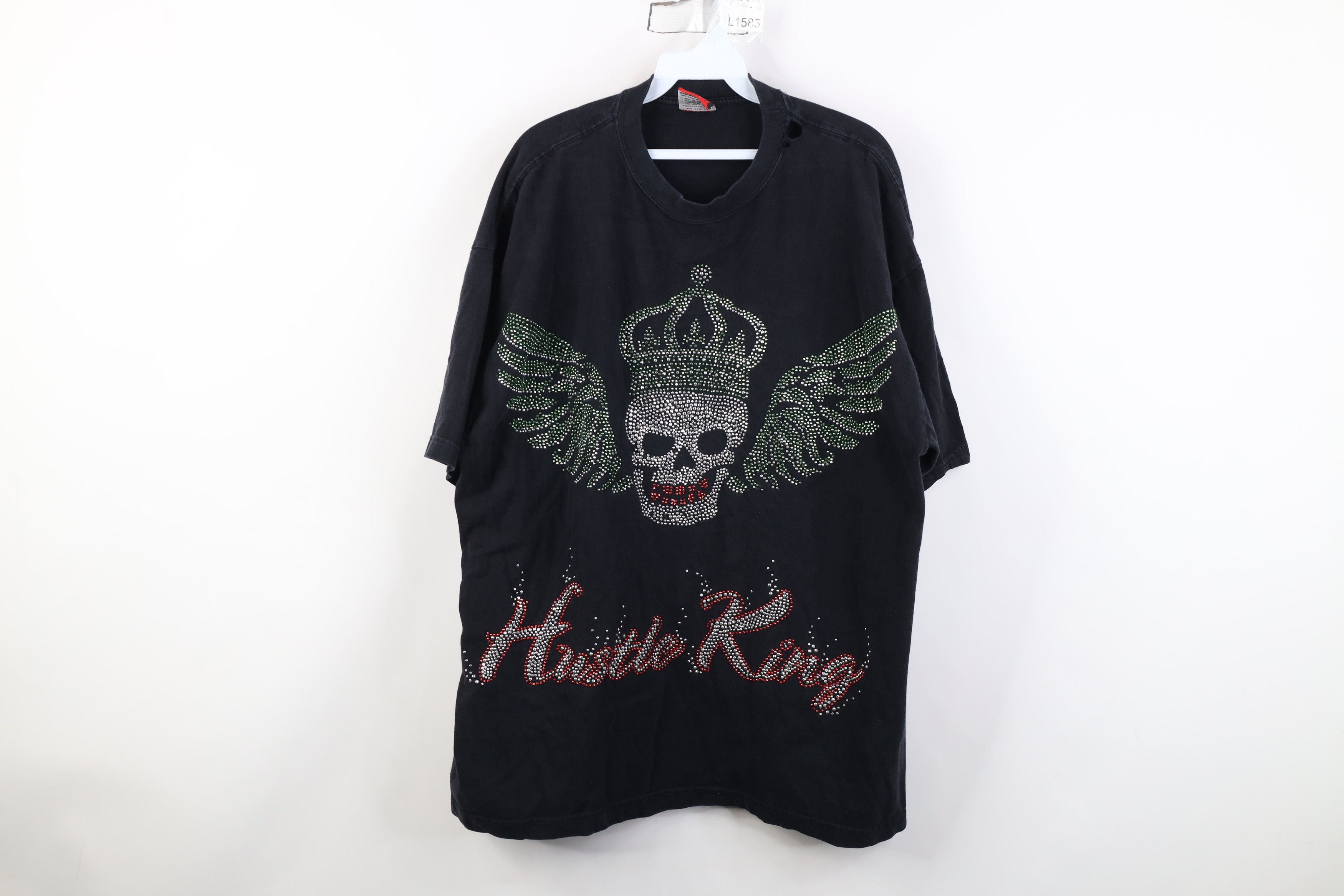 Vintage Vintage Y2K Streetwear Hustle King Skull Crown T-Shirt Black Size US XXL / EU 58 / 5 - 1 Thumbnail