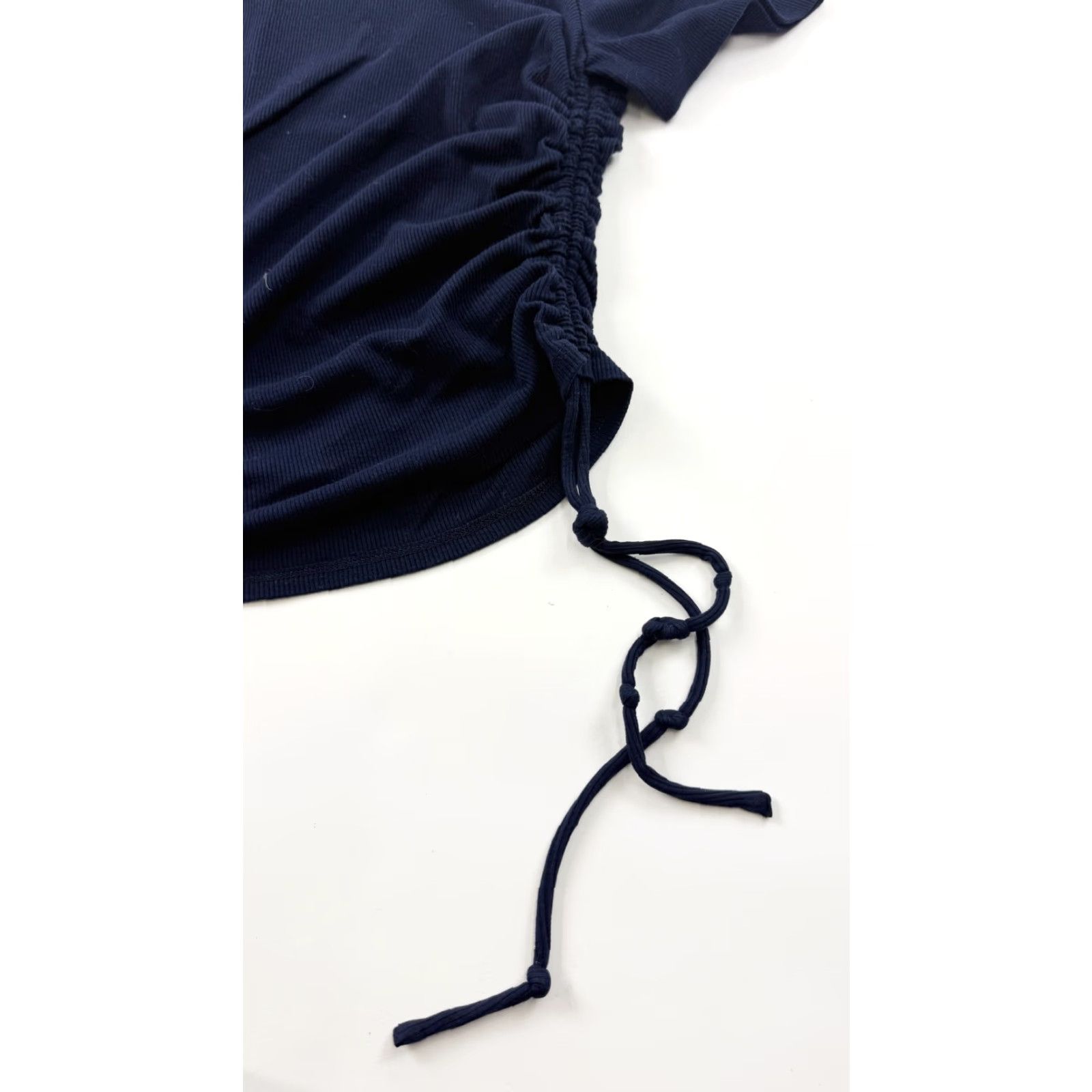 Vintage WAYF Shirt Womens Large Navy Blue Ruched Drawstring Side Ribbed Stretch Tee Top Size L / US 10 / IT 46 - 2 Thumbnail