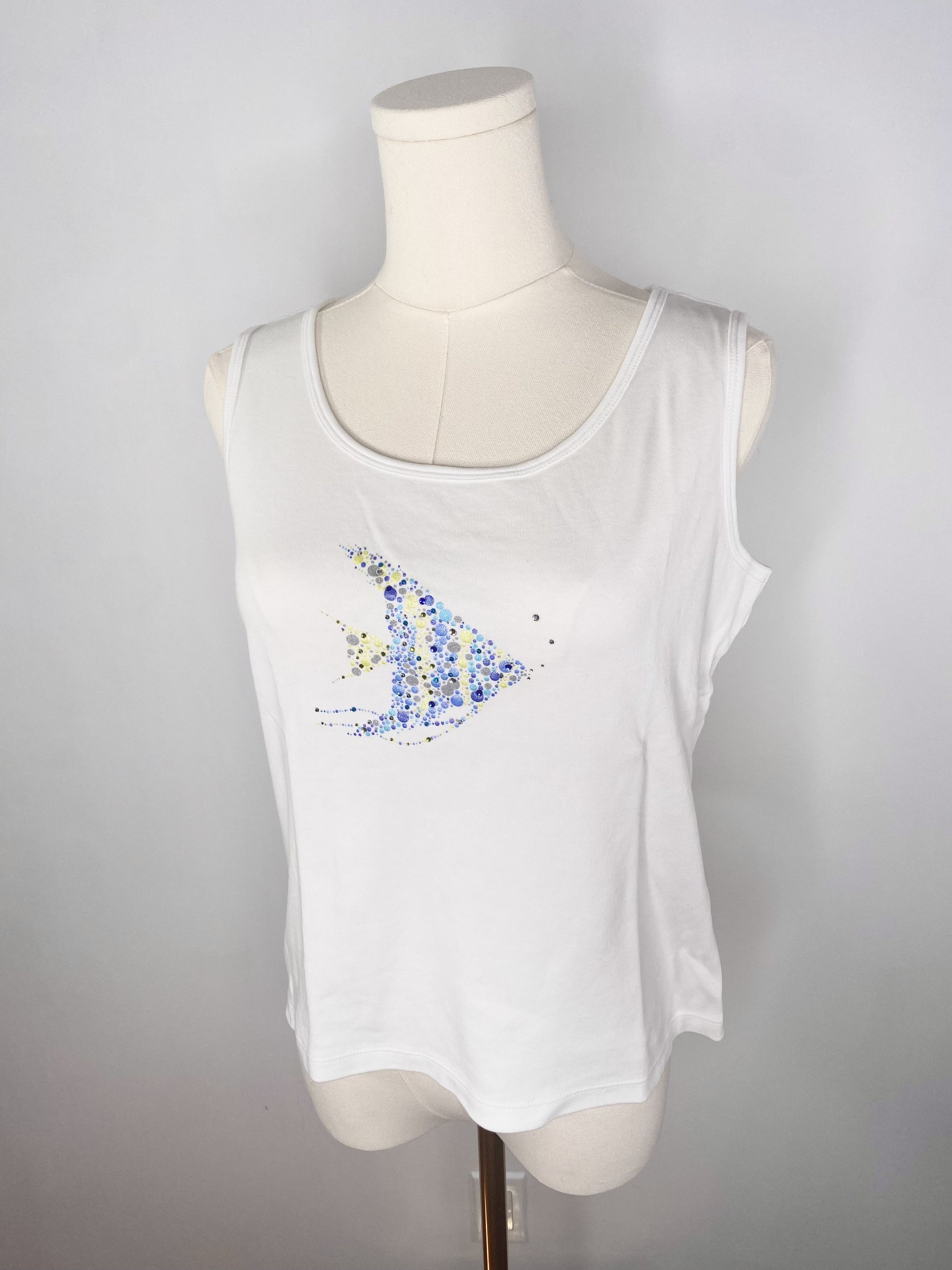 Vintage Karen Scott - White Glitter Fish Camisole T-Shirt Size M / US 6-8 / IT 42-44 - 5 Thumbnail