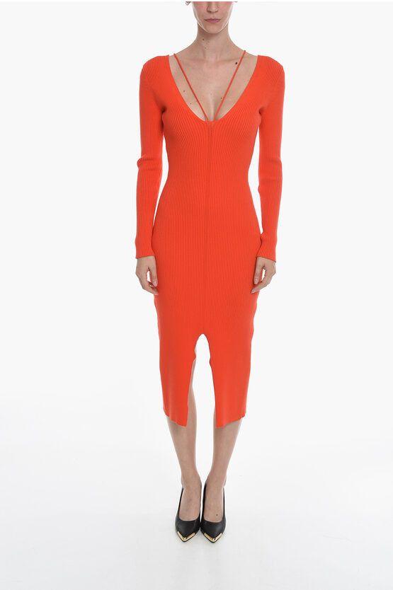 image of Aeron V-Neck Ribbed Long Sleeved Rivoli Maxi Dress in Orange, Women's (Size Medium)