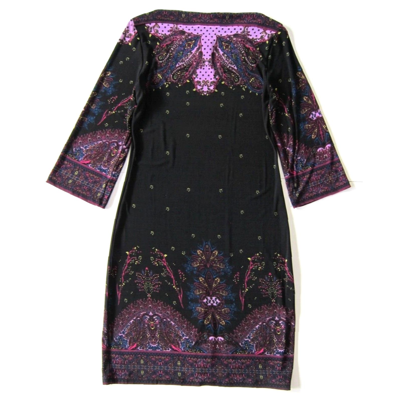 Vintage iCE Purple Black Paisley Floral Stretch 3/4 Sleeve Sheath Shift Tunic Dress 10P Size L / US 10 / IT 46 - 2 Thumbnail