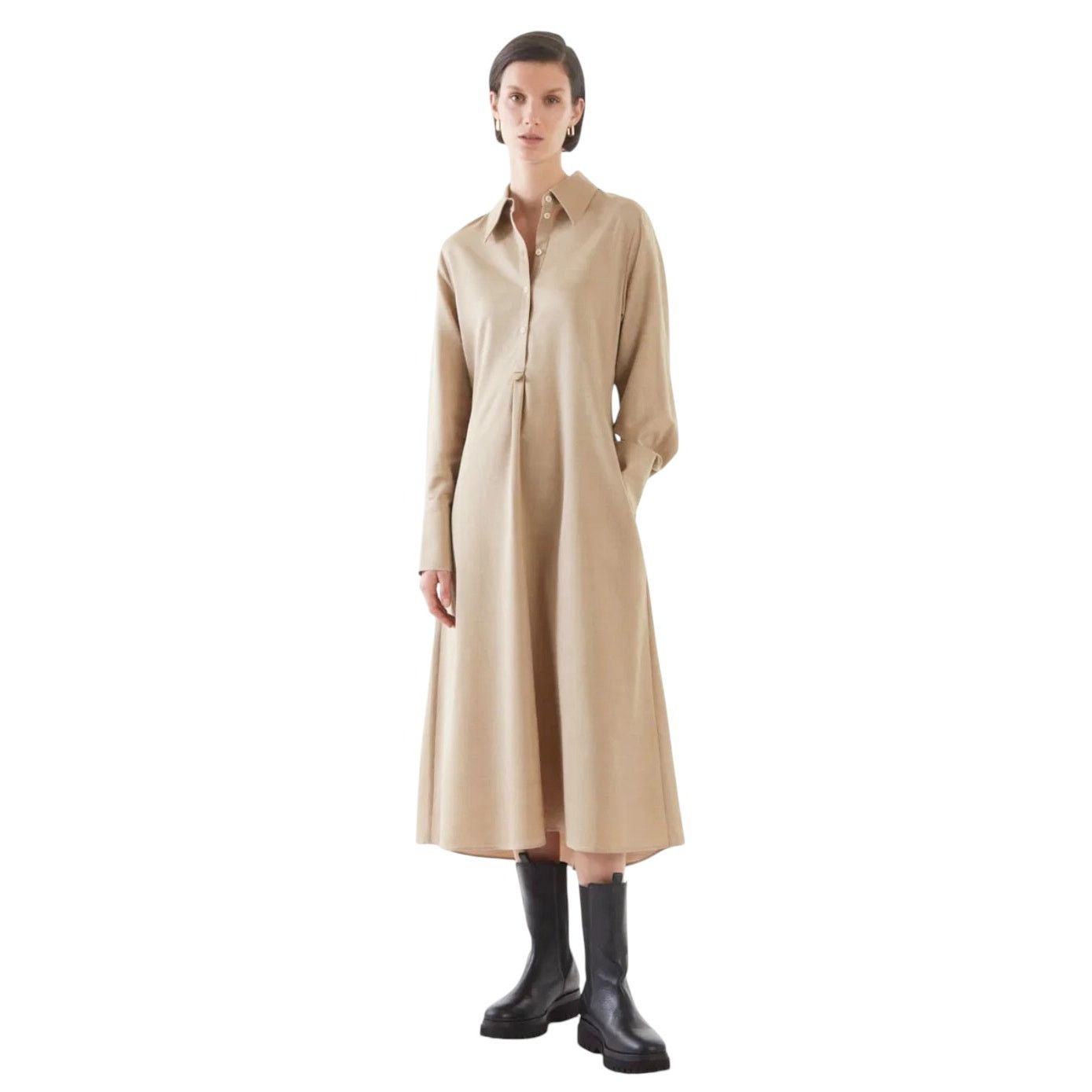 Cos COS Beige Wool Blend Oversized Collar Midi Shirt Dress Size M / US 6-8 / IT 42-44 - 1 Thumbnail