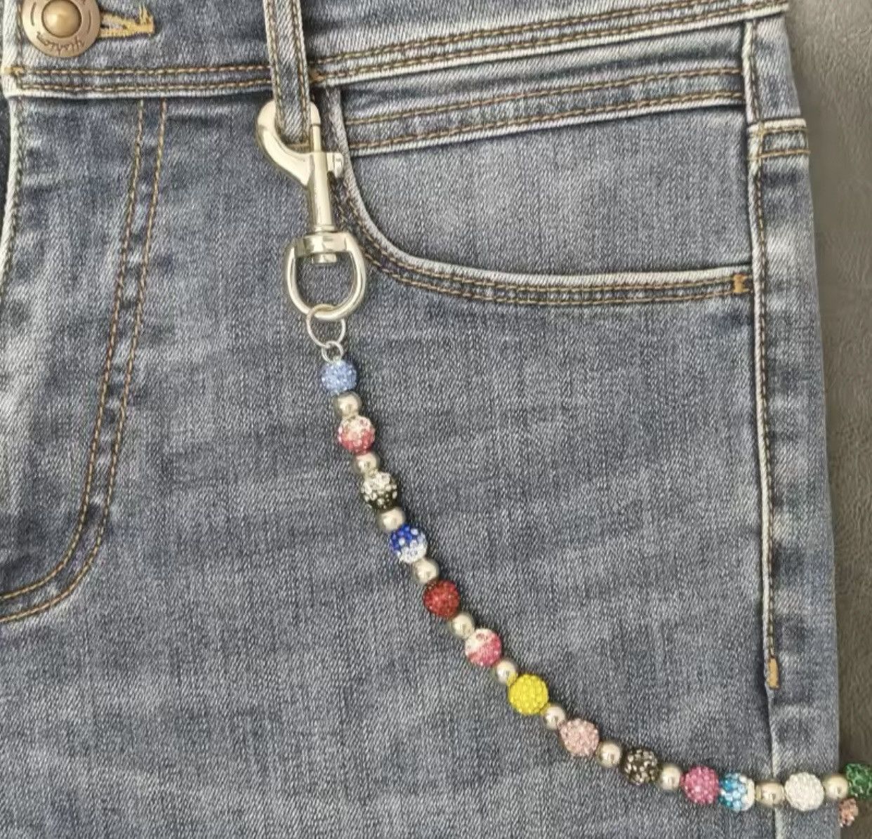 Japanese Brand Round Bead Rhinestone Multicolor Punk Pants Chain Size ONE SIZE - 2 Thumbnail
