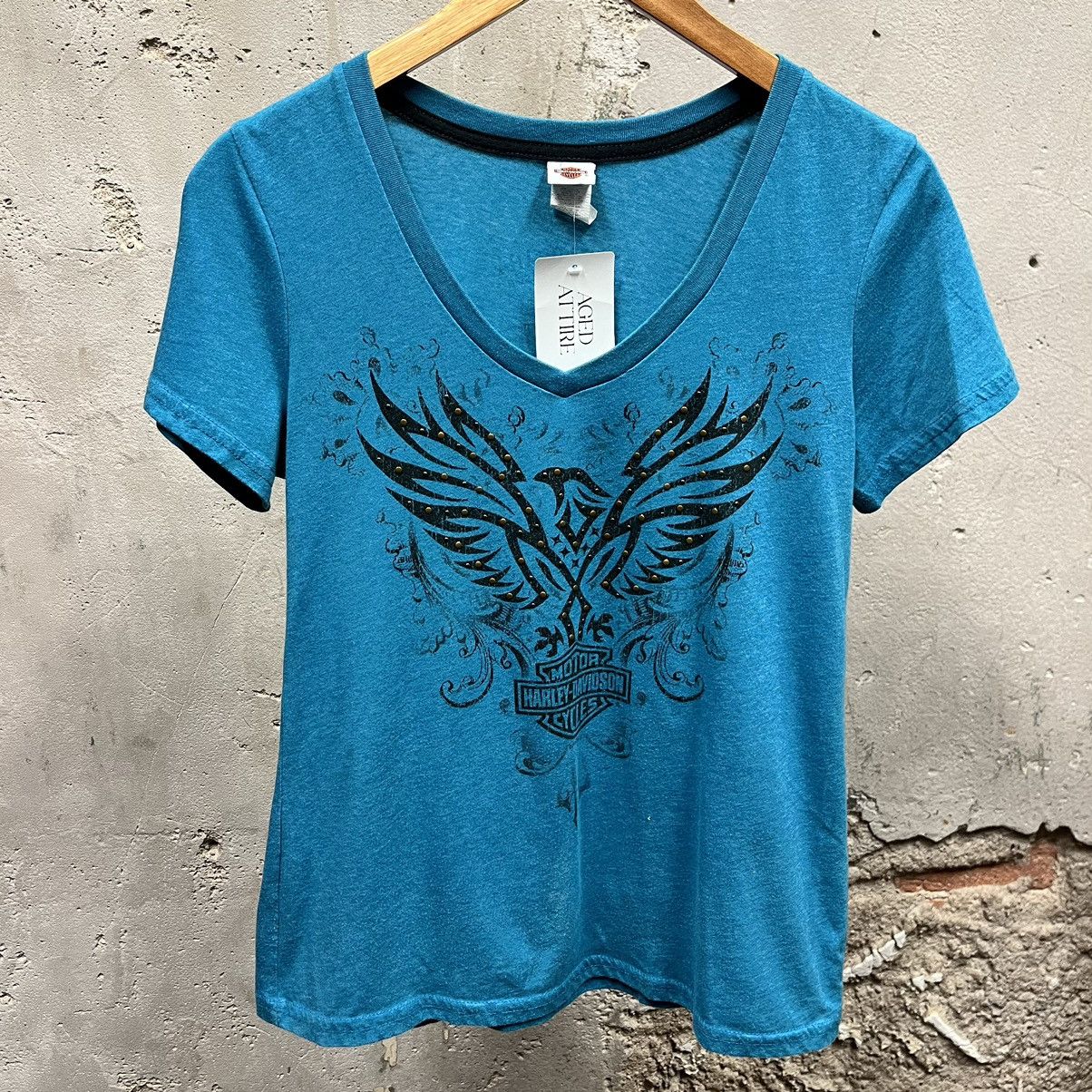 Harley Davidson × Vintage Harley Davidson Women's Blue Eagle Brass Studded Biker Tee Size L / US 10 / IT 46 - 1 Thumbnail
