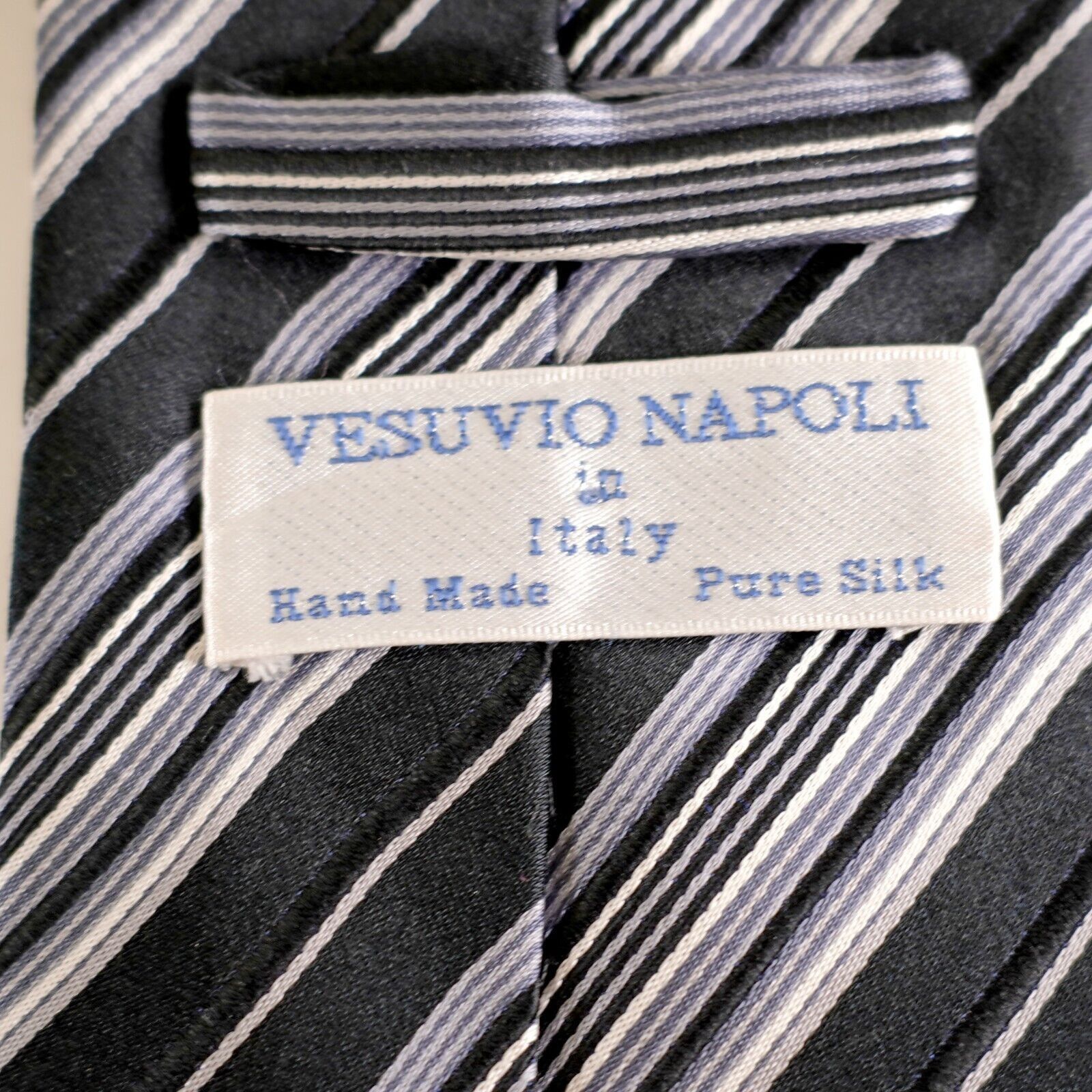 Vintage Vesuvio Napoli Italy Woven Gray Black Striped Long Silk Tie Size ONE SIZE - 3 Thumbnail