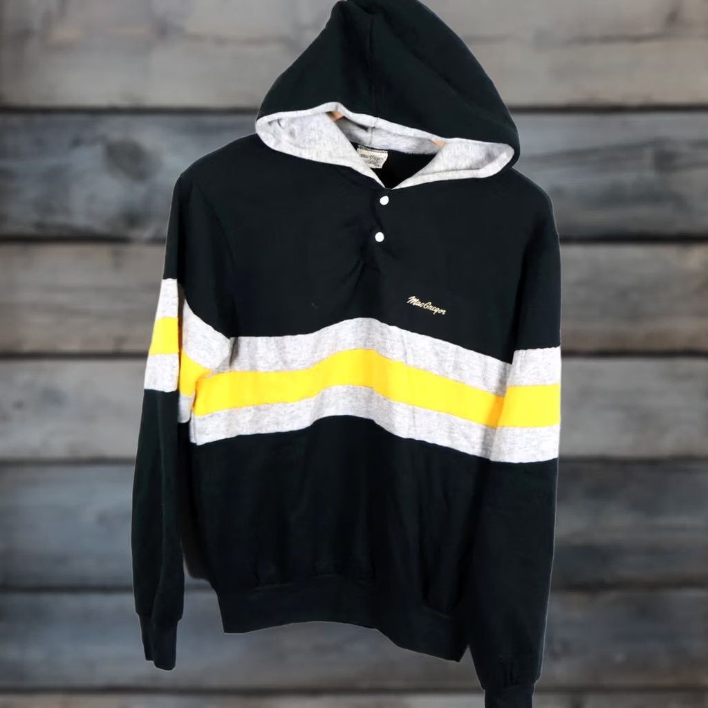 McGregor VINTAGE MacGregor Hoodie Pullover Striped Black Yellow 90s VTG Mens Large Crew Neck Snap Button Pockets Size US L / EU 52-54 / 3 - 1 Thumbnail