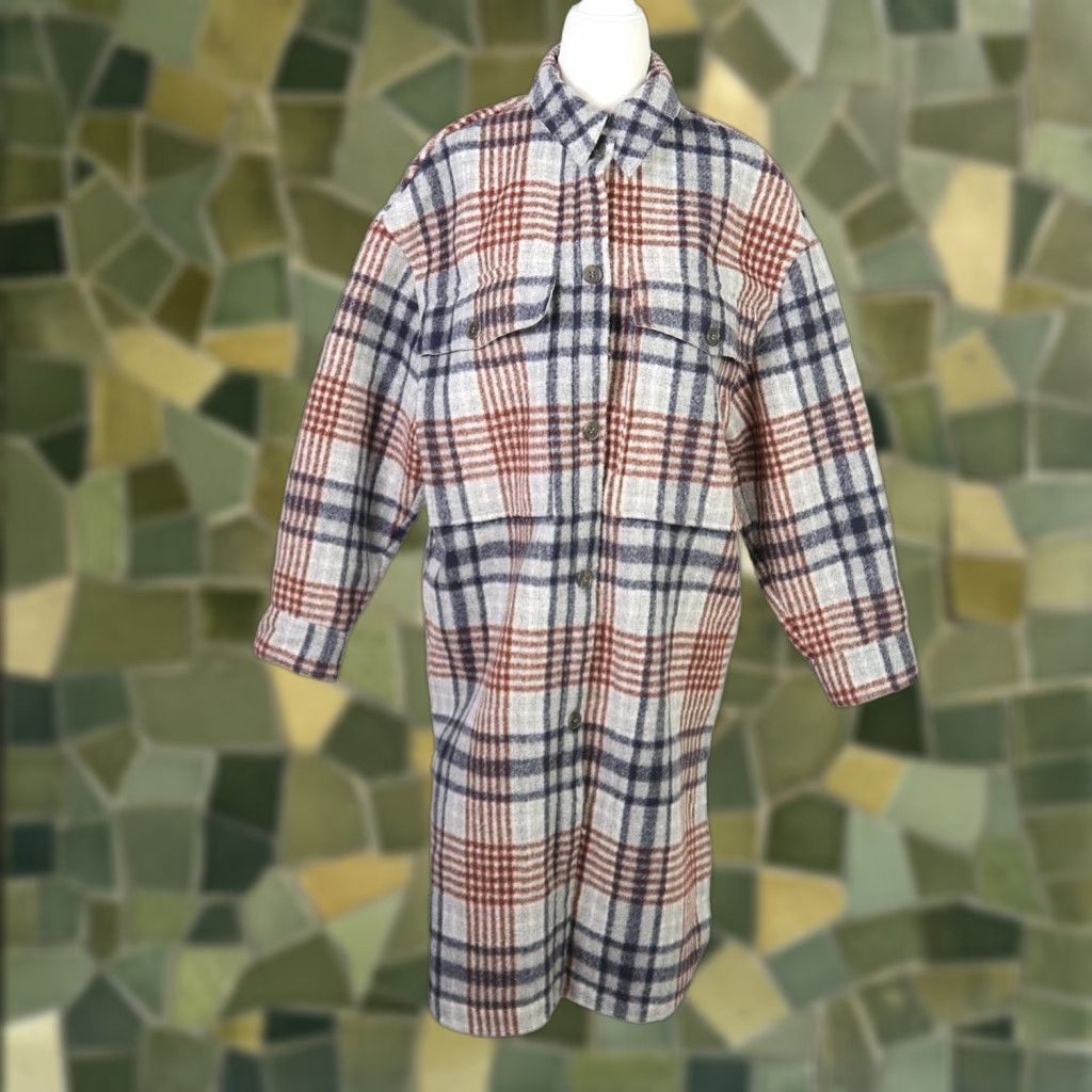 Zara ZARA Coat Plaid Grey Navy Faux Wool Knit Mid-Length S Womens Fall Winter Button Overcoat Size S / US 4 / IT 40 - 1 Thumbnail