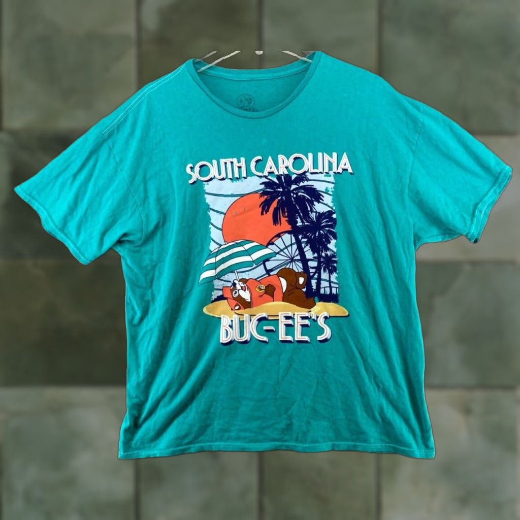 Vintage Bucees Mens TShirt XL Teal Beach Vacation Palm Tree Crew Neck Cotton Jersey Graphic Print Shirt Men XL Beach Theme 80s? Size US XL / EU 56 / 4 - 1 Thumbnail