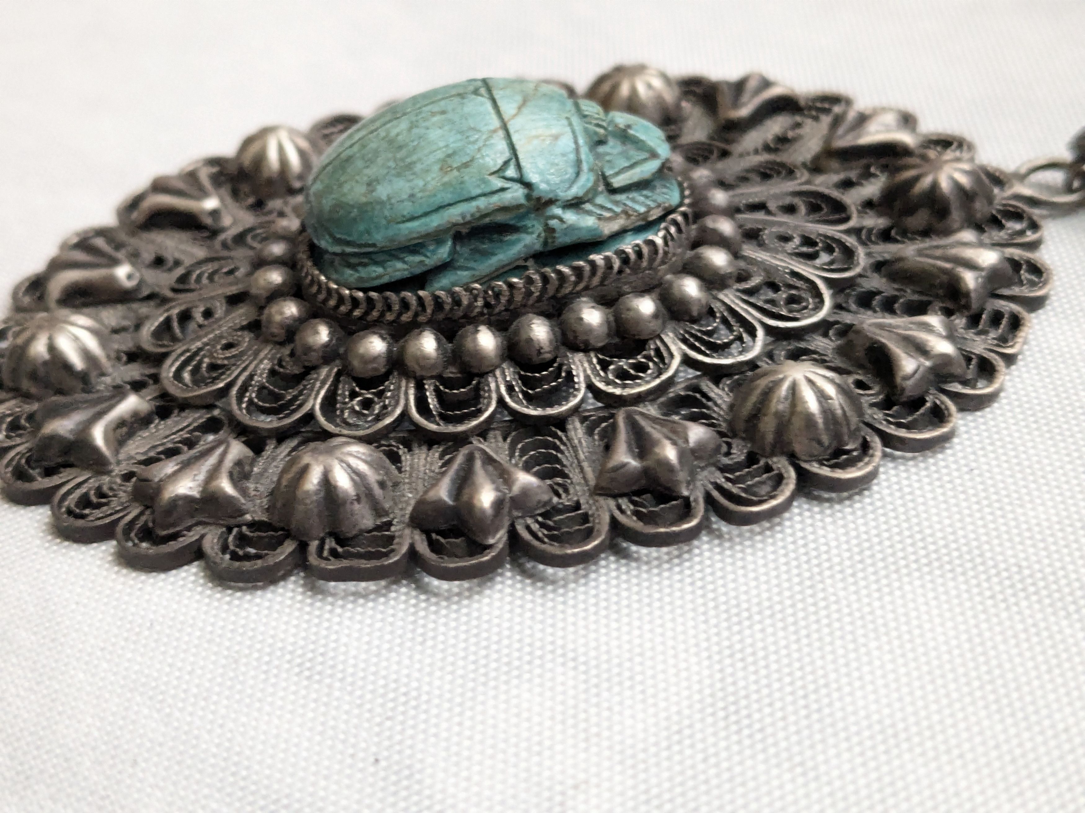 Jewelry Egyptian Silver Scarab Pendant Filigree Faience Blue Oval Size ONE SIZE - 10 Thumbnail