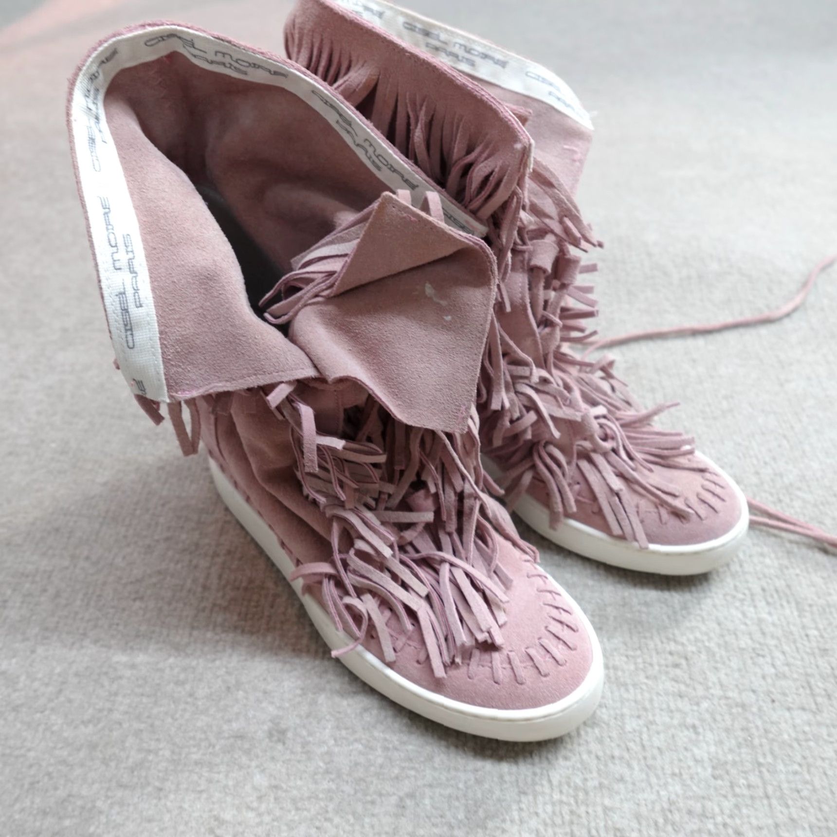 Vintage Gisel Moire Paris Womens Sneakers 10 Pink High Top Suede Fringe Italy Size US 10 / IT 40 - 6 Thumbnail