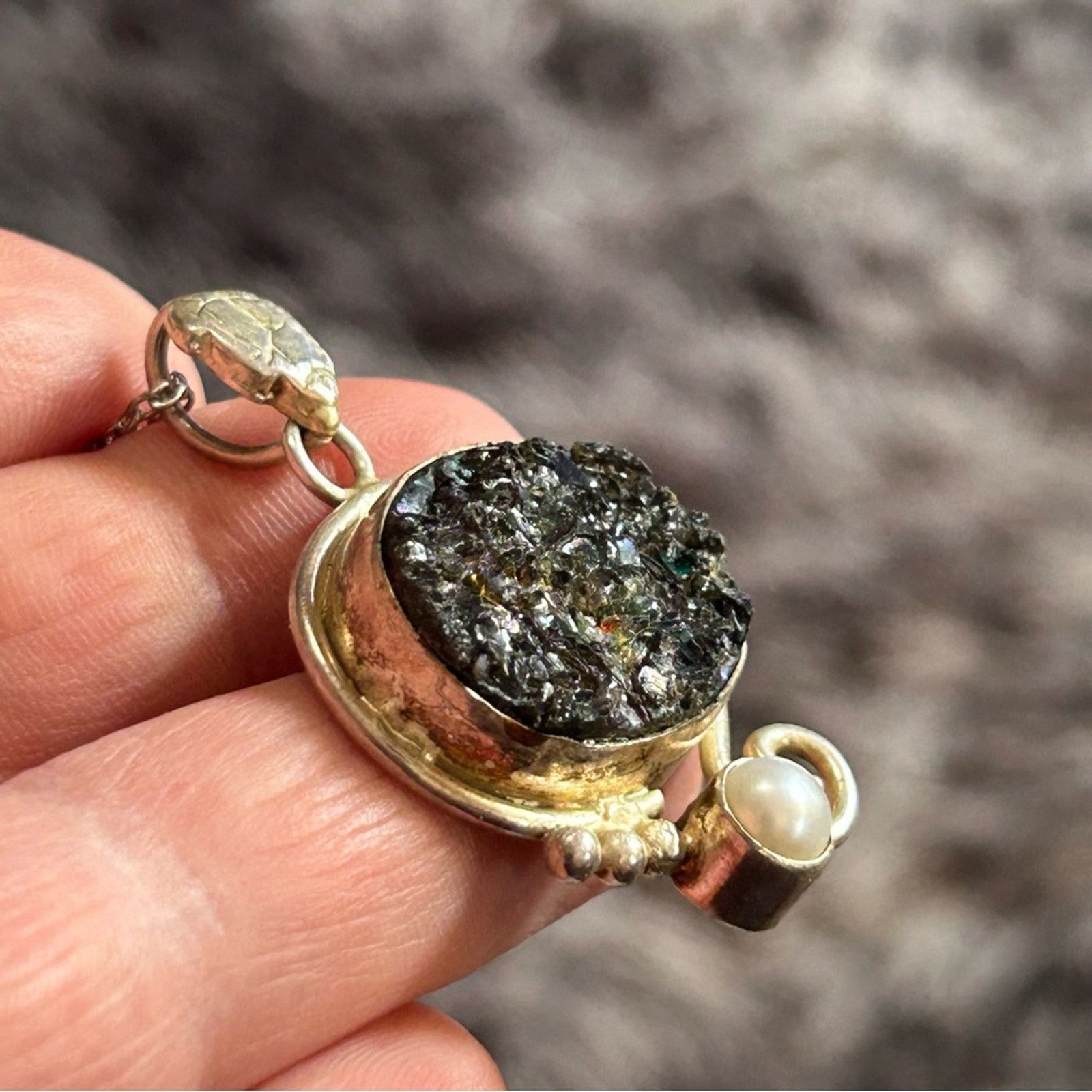 Handmade Handcrafted moissanite druzy genuine pearl pendant necklace Size ONE SIZE - 6 Thumbnail