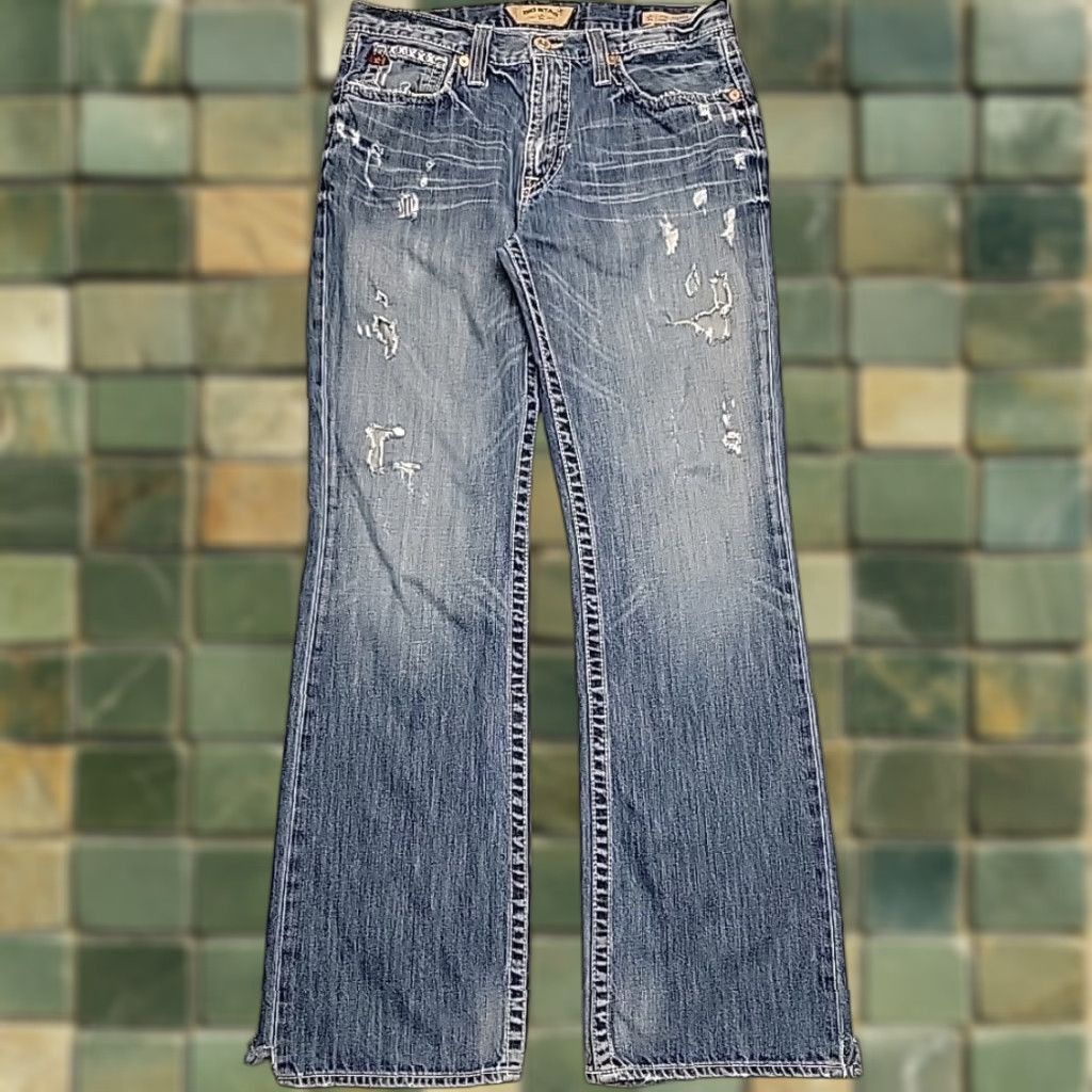 Denime VINTAGE Big Star Jeans Men 33L Faded Whiskered Blue Denim Thick Stitch Pioneer Boot Cut Jeans Mens 90s USA American(Blue) Size US 33 - 1 Thumbnail