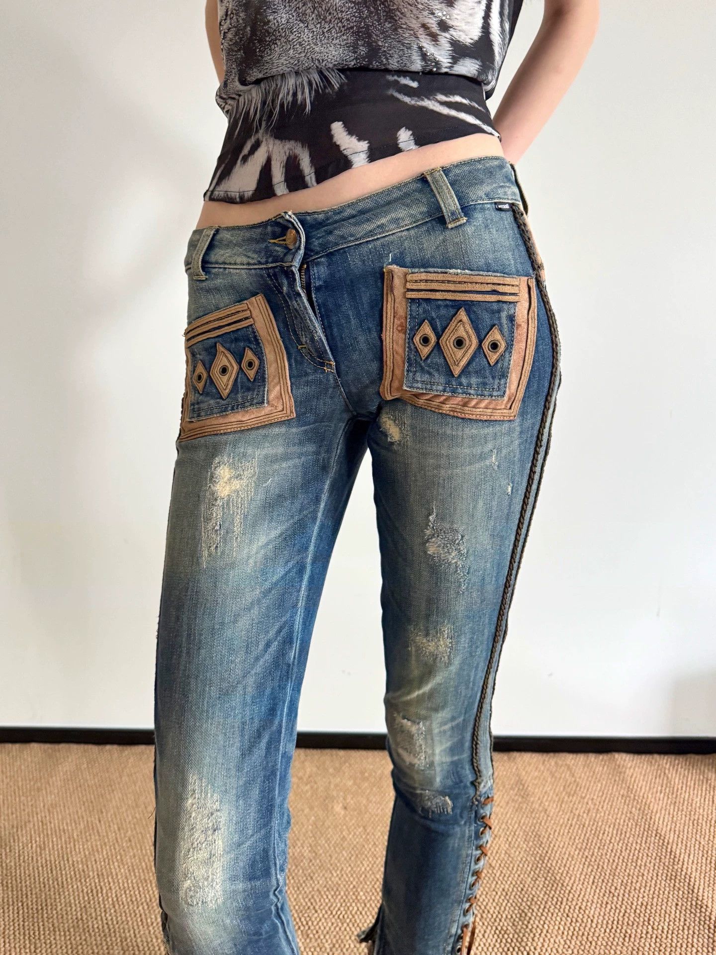 Just Cavalli Just Cavalli Panelled Leather Strap Jeans Size 25 Size 25" / US 0 / IT 36 - 3 Thumbnail
