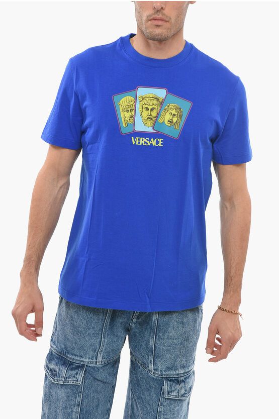 image of Versace Crew Neck Masks Cotton T-Shirt in Blue, Men's (Size Small)