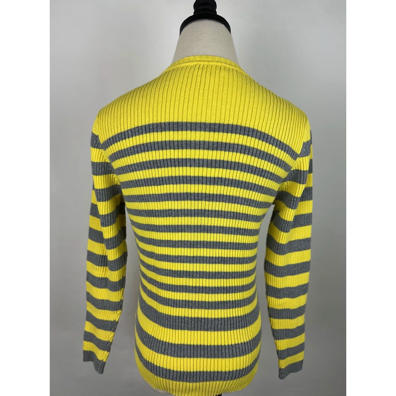 Vintage VINTAGE Y2K Sweater Womens Small Striped V-neck Lemon Yellow Gray Ribbed Knit Size S / US 4 / IT 40 - 6 Thumbnail