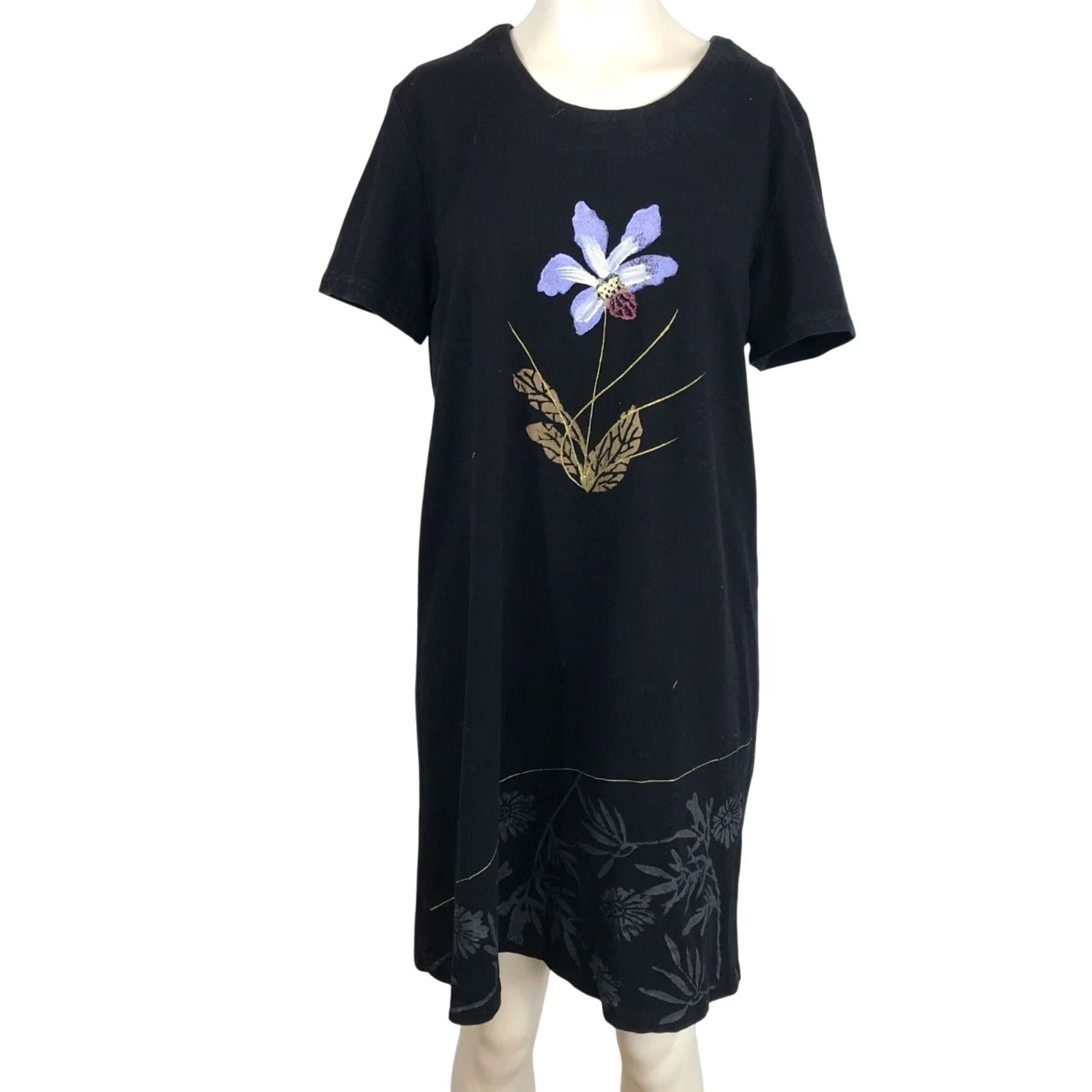 Vintage ISLAND ATTITUDES ROUND NECK DRESS WOMEN'S M/L BLACK FLORAL SHORT SLEEVE Size 32" / US 10 / IT 46 - 2 Thumbnail