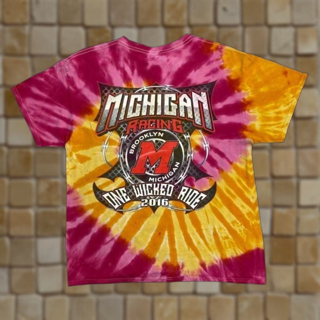Gildan Michigan Racing “One Wicked Ride” Motorsports Graphic Tie Dye T-Shirt L Men Large Pink/Yellow Spiral Tie Dye Graphic logo print to front and back Size US L / EU 52-54 / 3 - 1 Thumbnail