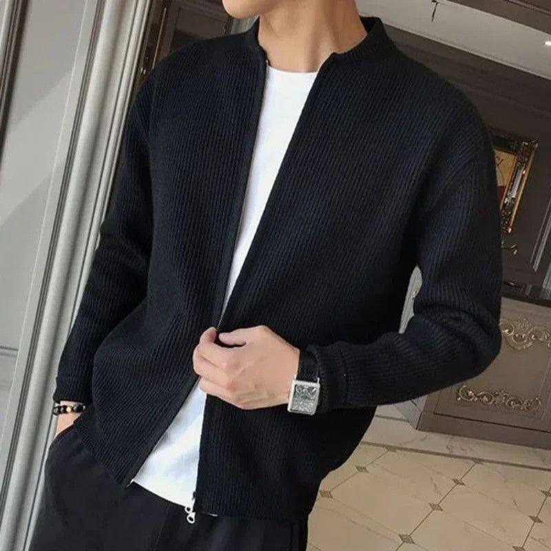Low Collared Knit Zipper Cardigan Slim