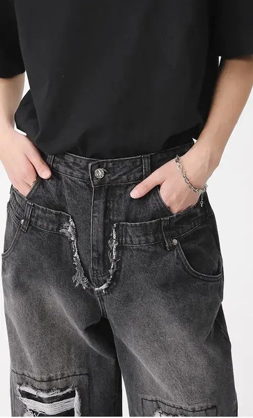Japanese Brand Double waist ripped patchwork Baggy jean Size US 30 / EU 46 - 3 Thumbnail