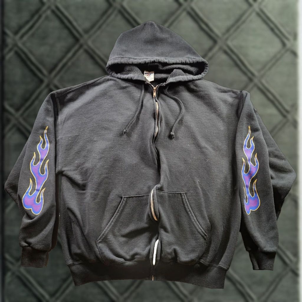 VINTAGE Jerzees Wild As The Wind Women's Biker Zip Up Hoodie XL Black Flames Y2K Full Zip Hooded Long Sleeve Winter Fall Spring Womens