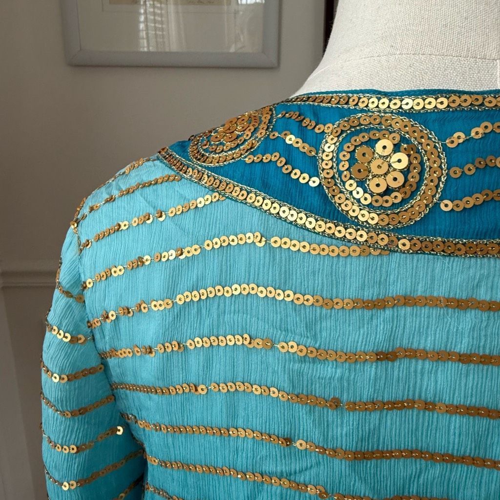 Trina Turk Trina Turk Turquoise Blue 100% Silk Gold Sequin Bolero Jacket 0 XS S Size XS / US 0-2 / IT 36-38 - 6 Thumbnail