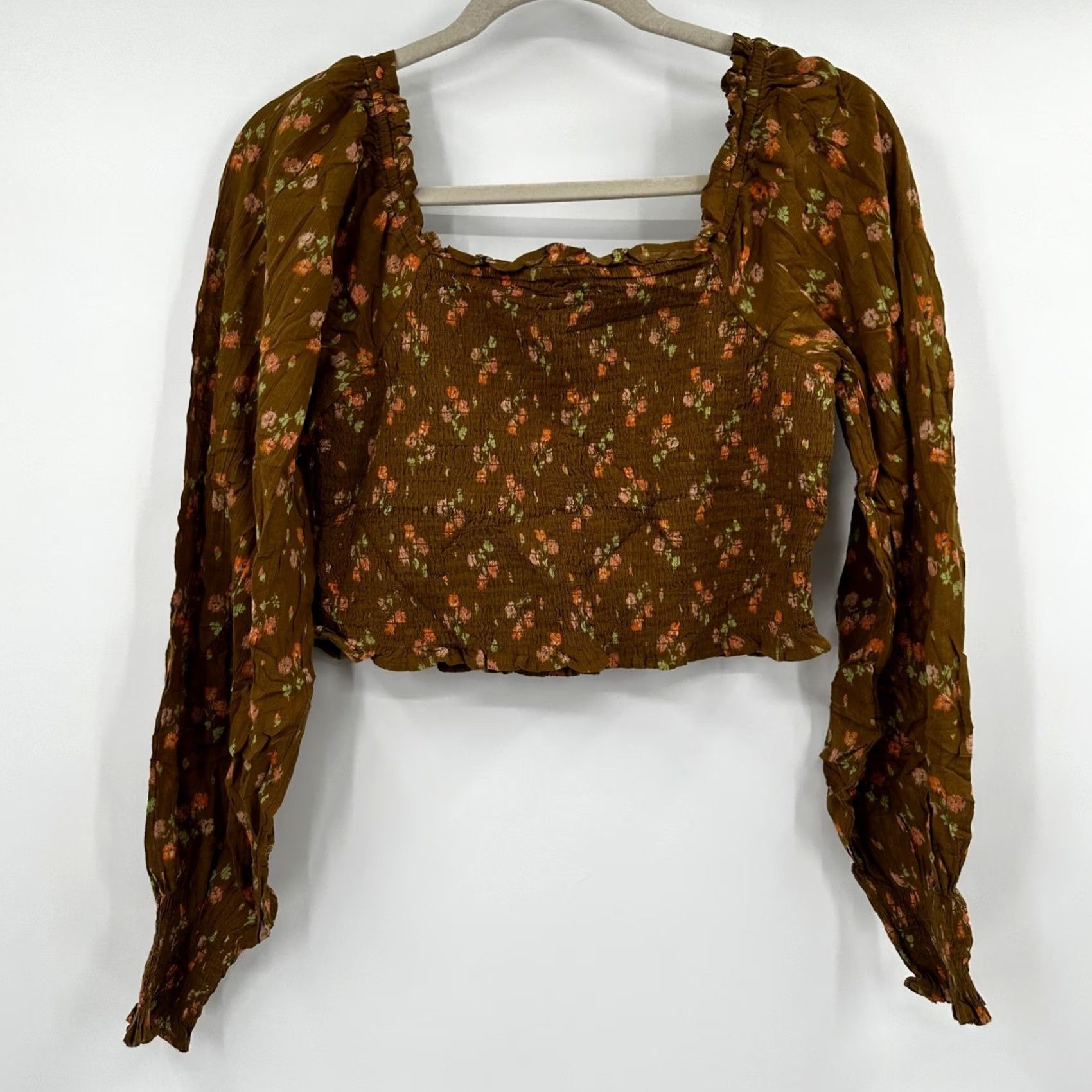 Vintage Aerie Brown Floral Smocked Crop Top Long Puff Sleeve Square Neck Womens M Size M / US 6-8 / IT 42-44 - 5 Thumbnail