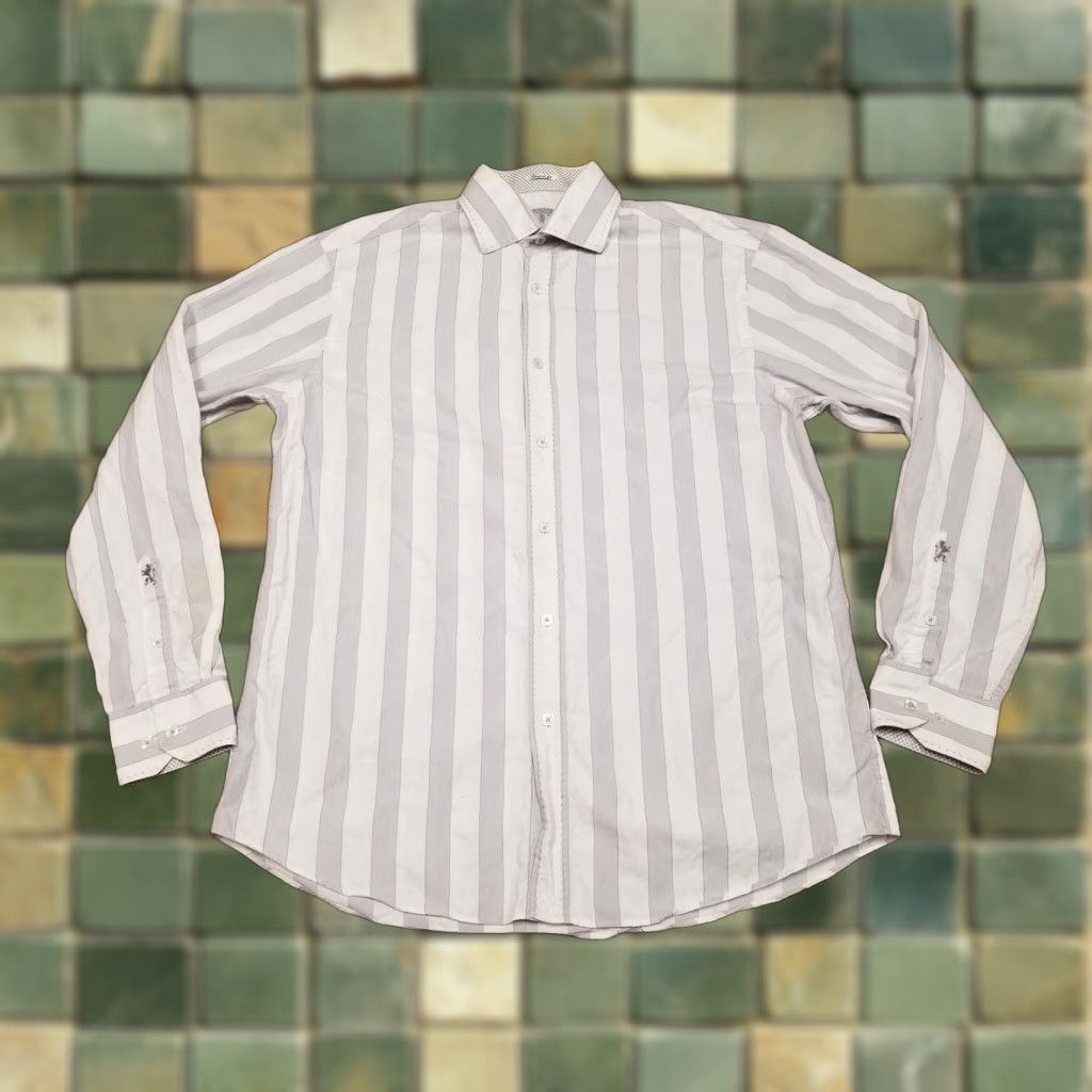 BUGATCHI BUGATCHI Shirt Mens Medium Gray Stripe Button Long Sleeve Casual Outdoor FLAWS Size US M / EU 48-50 / 2 - 1 Thumbnail