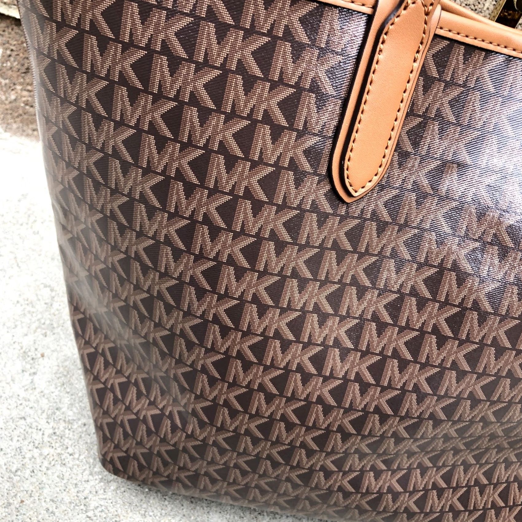 Michael Kors MICHAEL KORS Eliza Monogram Tote Bag Purse Brown East West Designer Shoulder Bag Women Large 13" W x 12" H x 5" D Canvas Leather Handle 13" (13 W) Size ONE SIZE - 5 Thumbnail