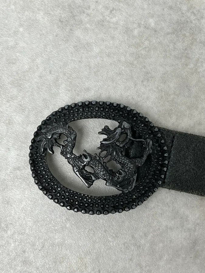 Roberto Cavalli 2000s Cavalli Asian Dragon Buckle Eroded Black Leather Belt Size ONE SIZE - 5 Thumbnail